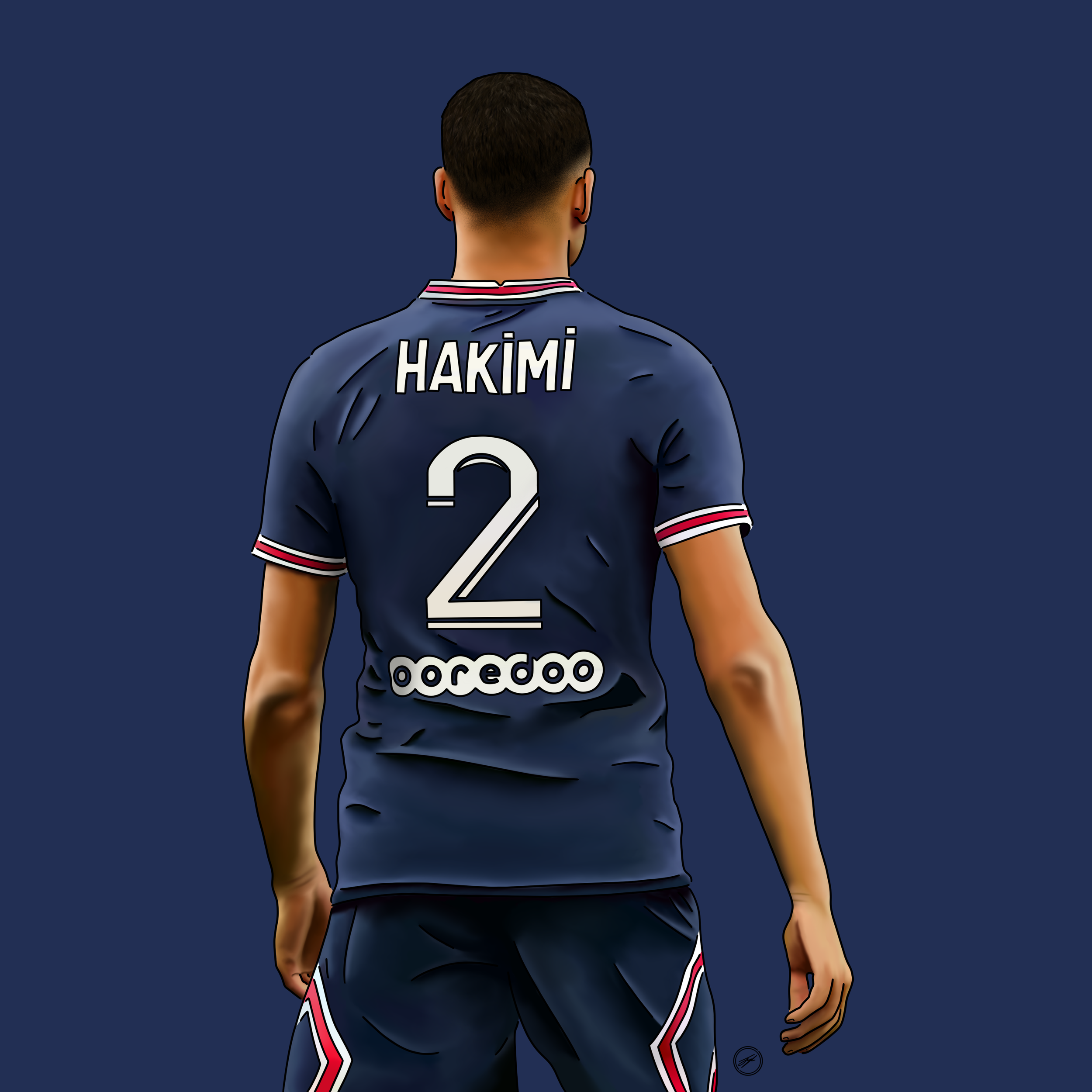 Back view of a soccer player with the name 'HAKIMI' and number '2' on a navy blue jersey, with 'ooredoo' sponsor logo visible.