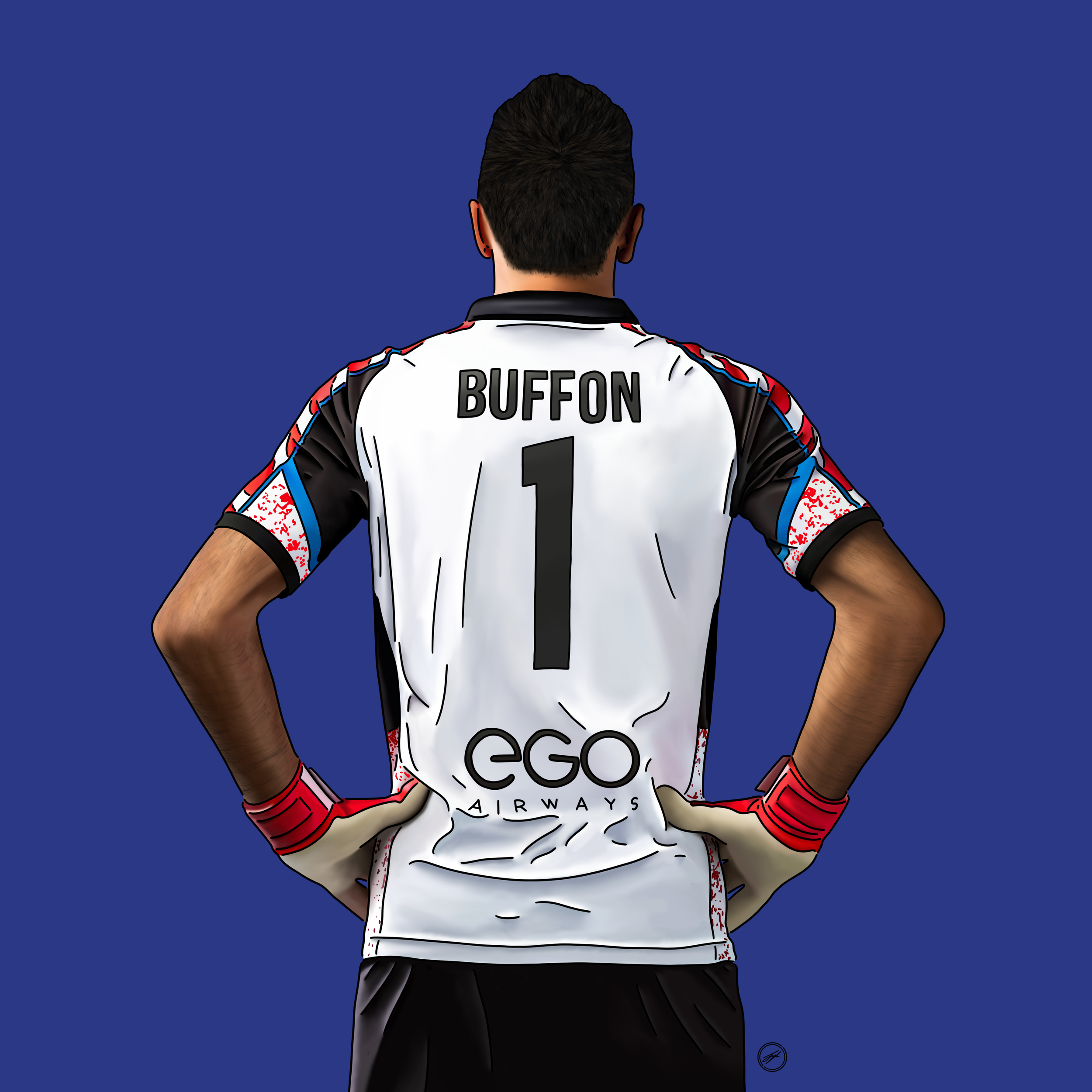 Back view of a soccer player wearing a white jersey with the name BUFFON and number 1, standing against a plain blue background.