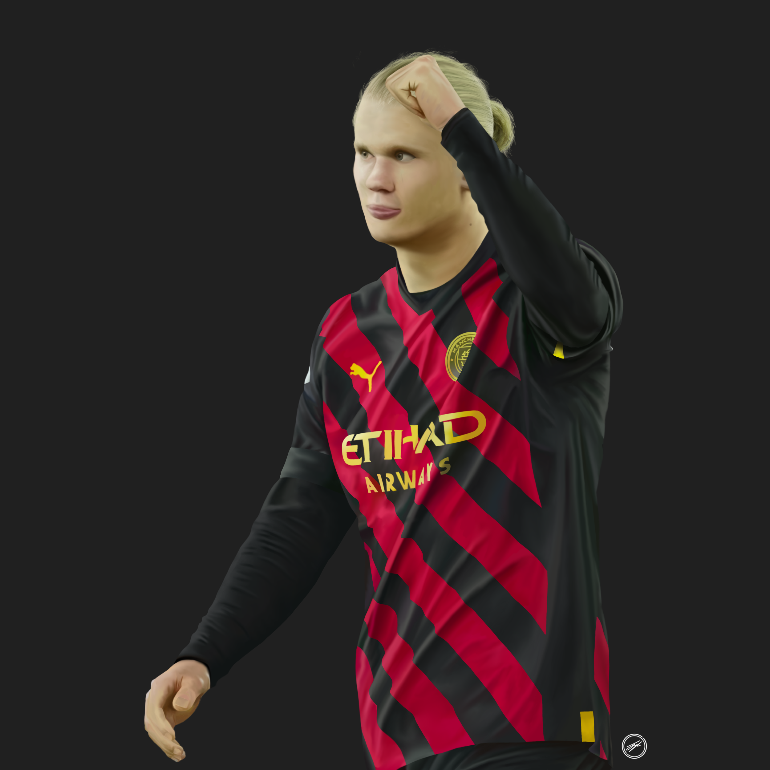 A soccer player in a black and red striped jersey with gold accents, raising his arm with his hand near his head, against a plain dark background.