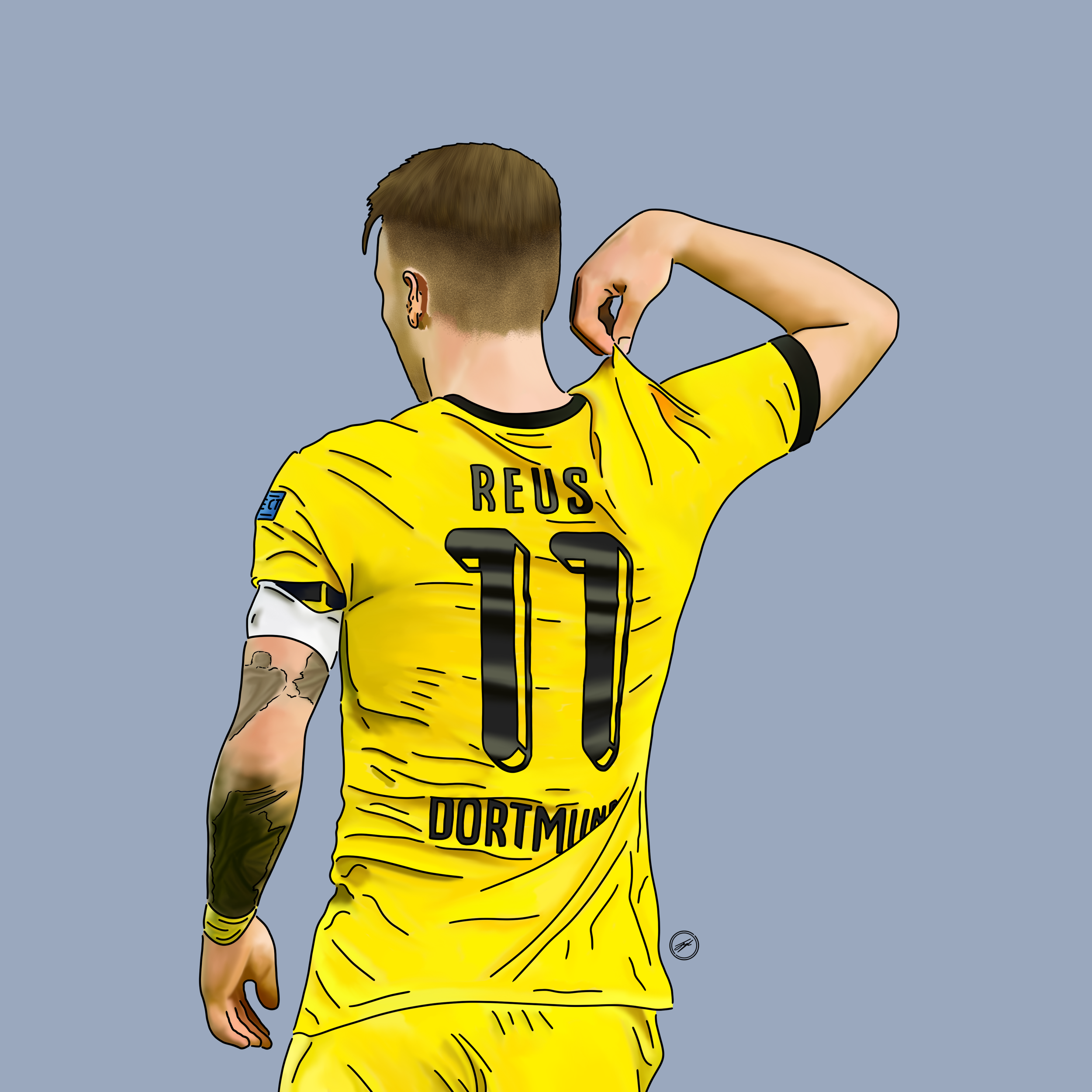 An illustration of a football player from behind wearing a yellow jersey with black accents, the number 10, and the name Reus. The player has tattoos on the left arm and is adjusting the collar of the jersey with the right hand. The background is pla
