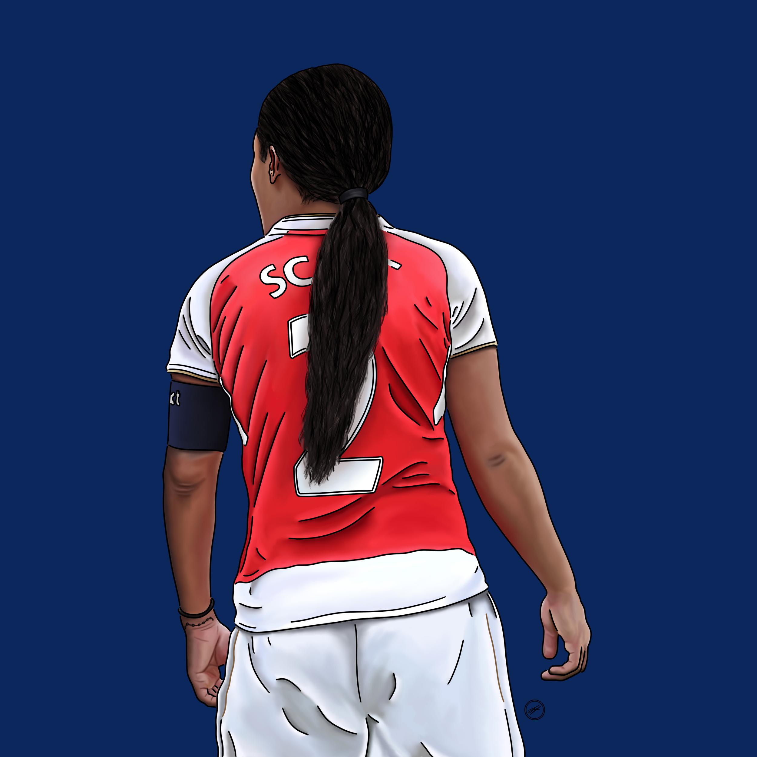 Illustration of a female soccer player with long hair in a ponytail, wearing a red and white jersey with the number 2 and the name 'SCO' on the back, turned away against a dark blue background.