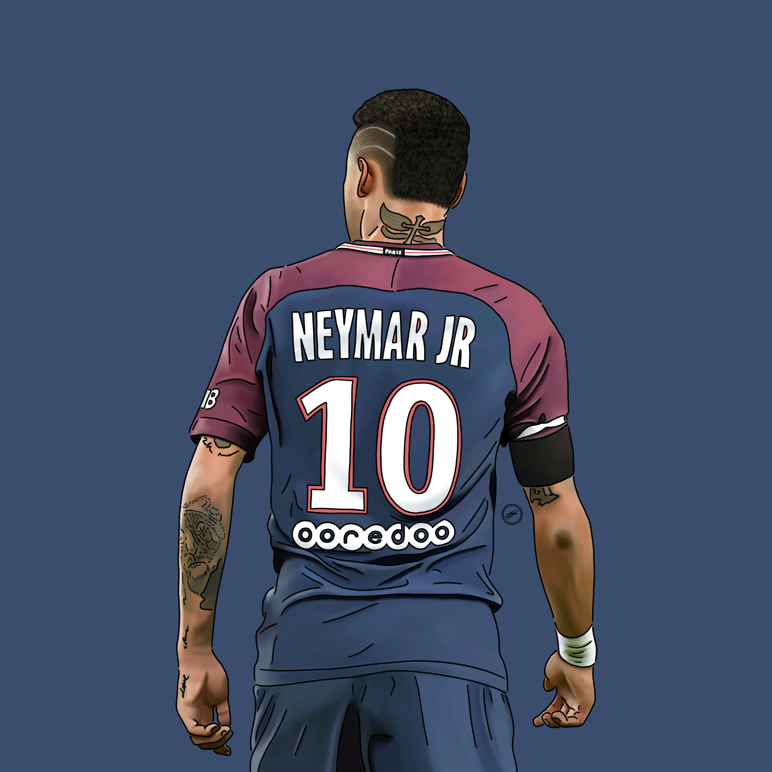 Illustration of Neymar Jr. from behind, wearing a PSG soccer jersey with the number 10 and his name, standing against a blue background.