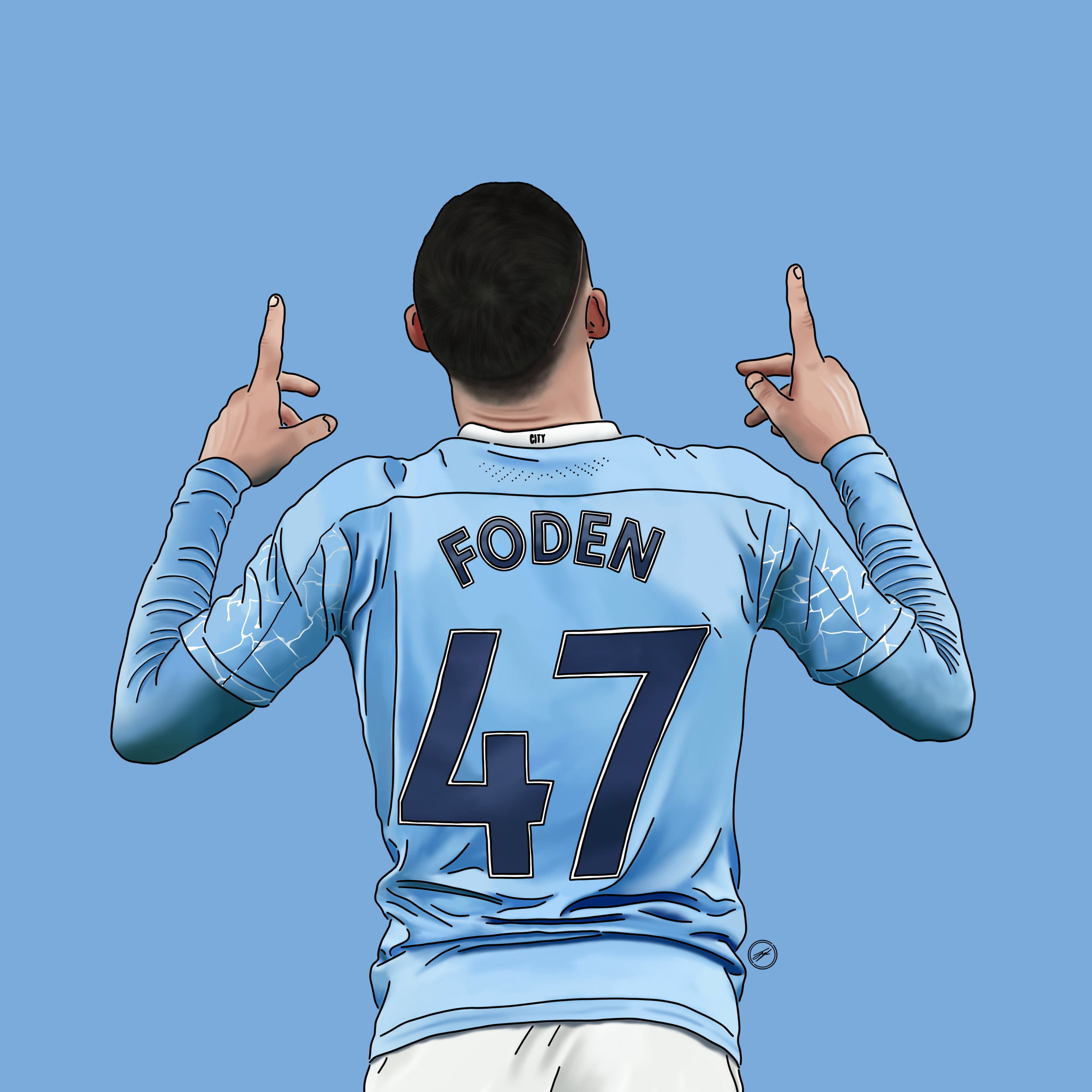 A football player from behind, wearing a light blue jersey with the name 'Foden' and the number 47, making a victory sign with both hands.