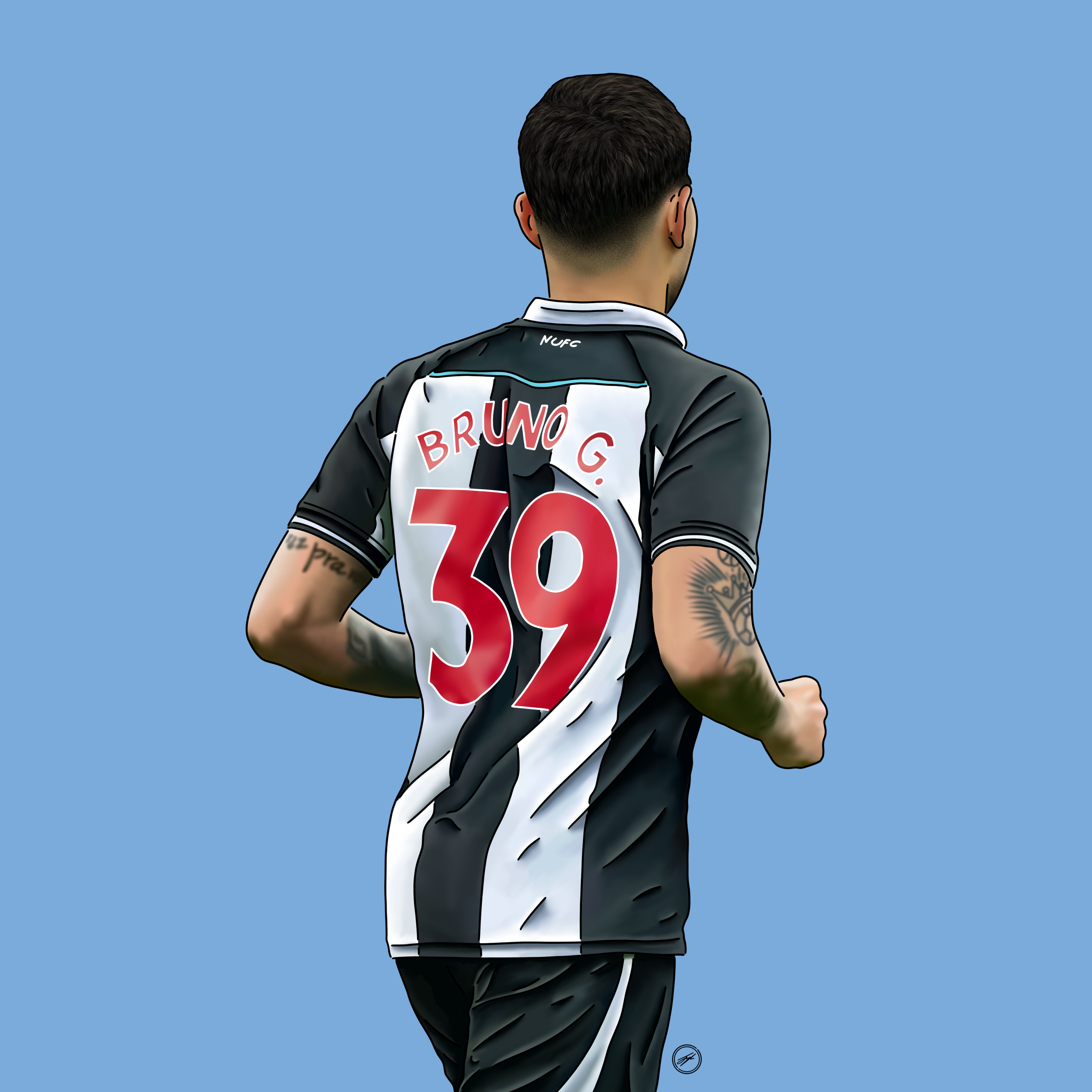 Digital illustration of a male soccer player seen from the back wearing a black and white striped jersey with the name "Bruno G." and the number "39" on it, against a solid light blue background.