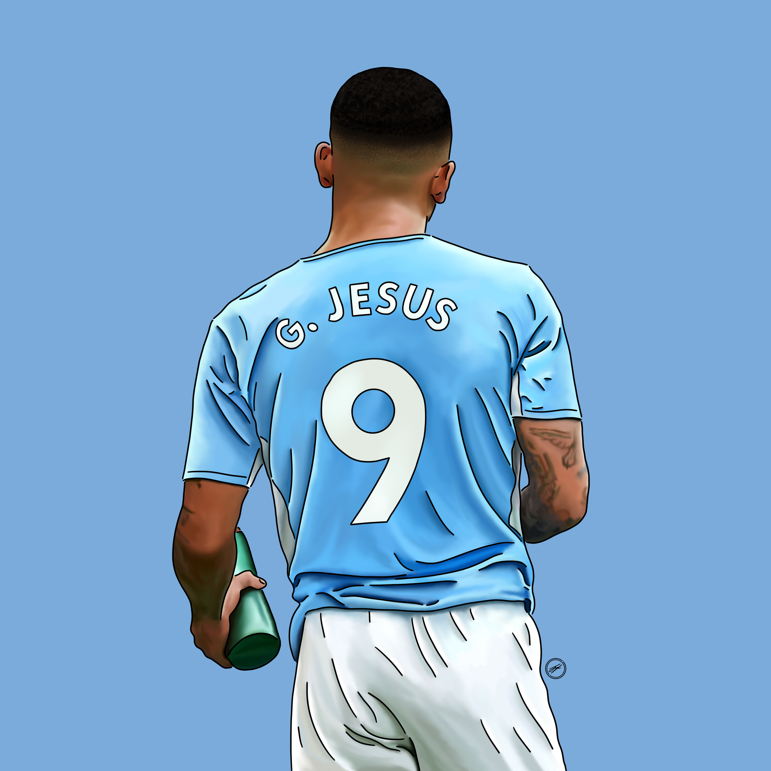 Digital illustration of a soccer player seen from behind, wearing a light blue jersey with the name 'G. Jesus' and the number 9, holding a green water bottle.