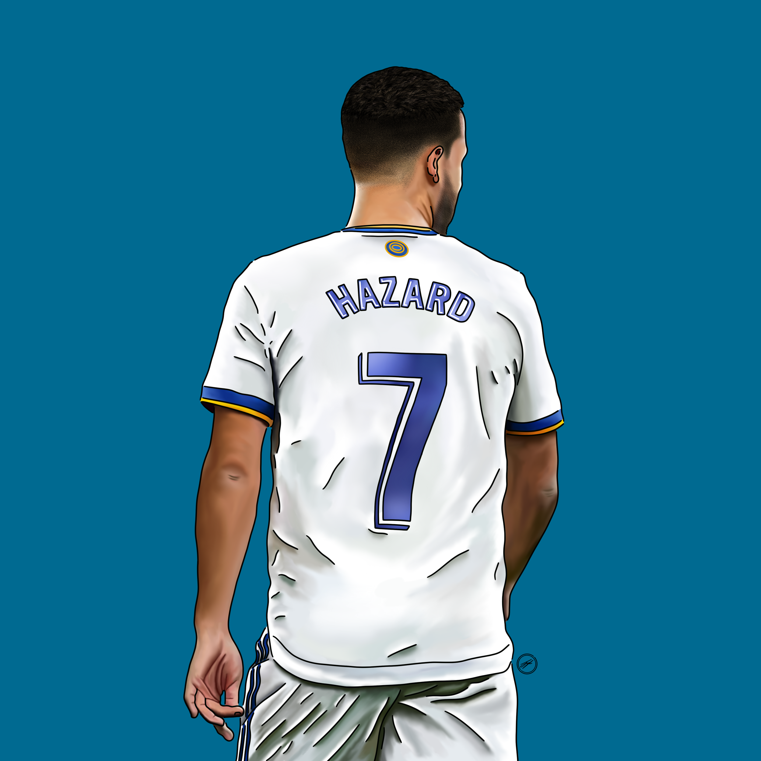 Digital illustration of a male soccer player from behind, wearing a white jersey with the name 'Hazard' and the number 7 on it, standing against a blue background.