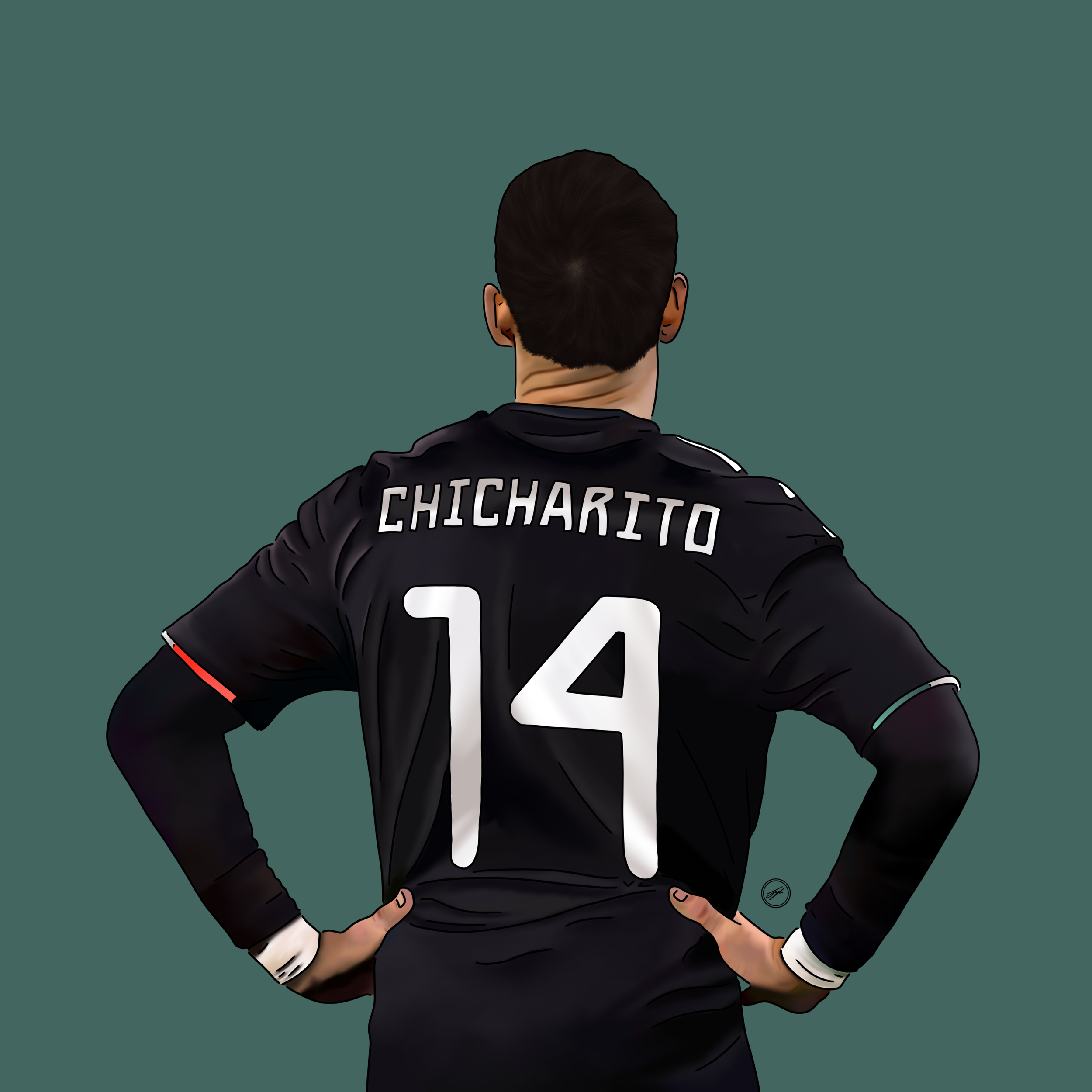 Back of a soccer player wearing a black jersey with 'CHICHARITO' and number 14 on it, standing with hands on hips.