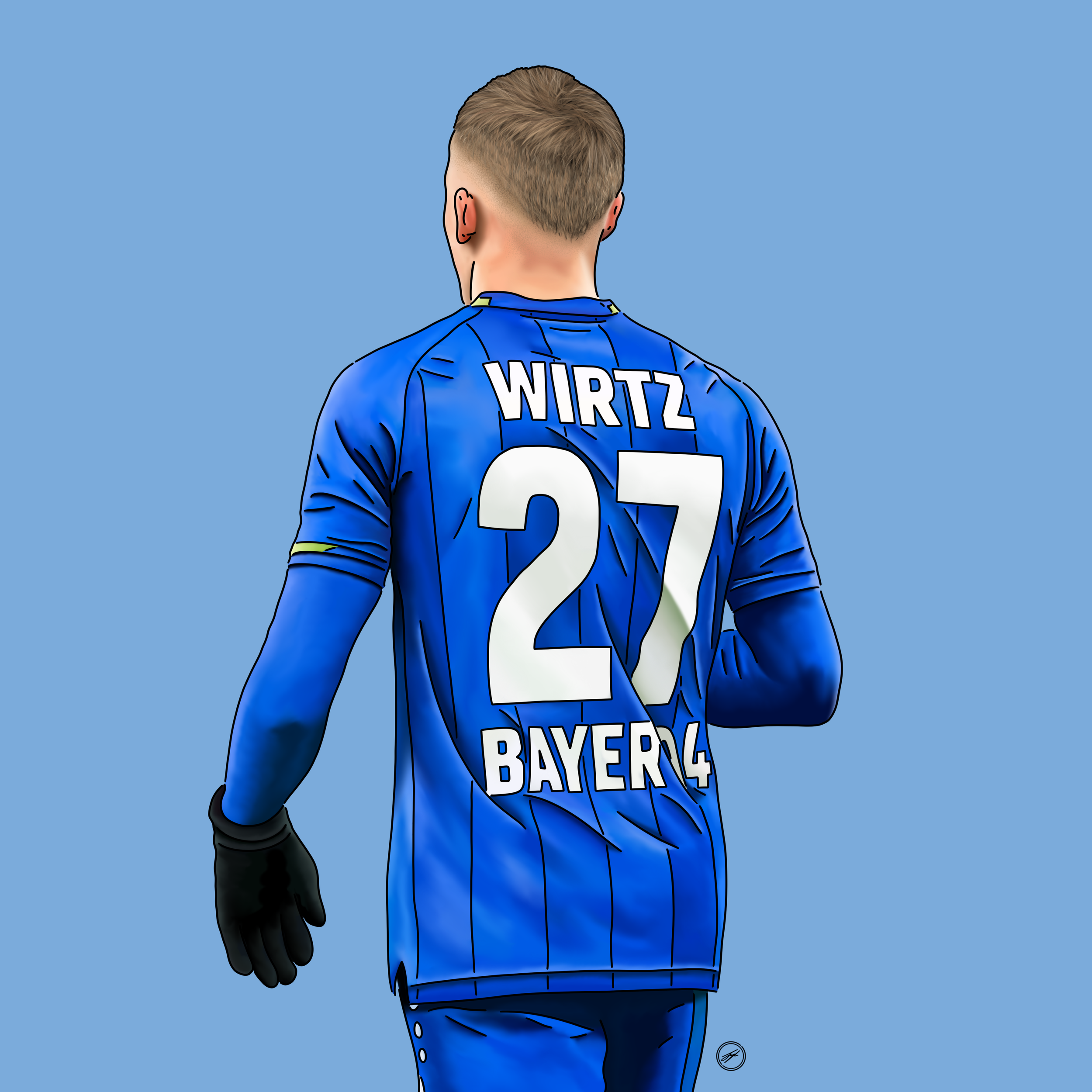Digital illustration of a soccer player seen from behind wearing a blue jersey with the name 'Wirtz' and the number '27' on it, representing Bayer Leverkusen.