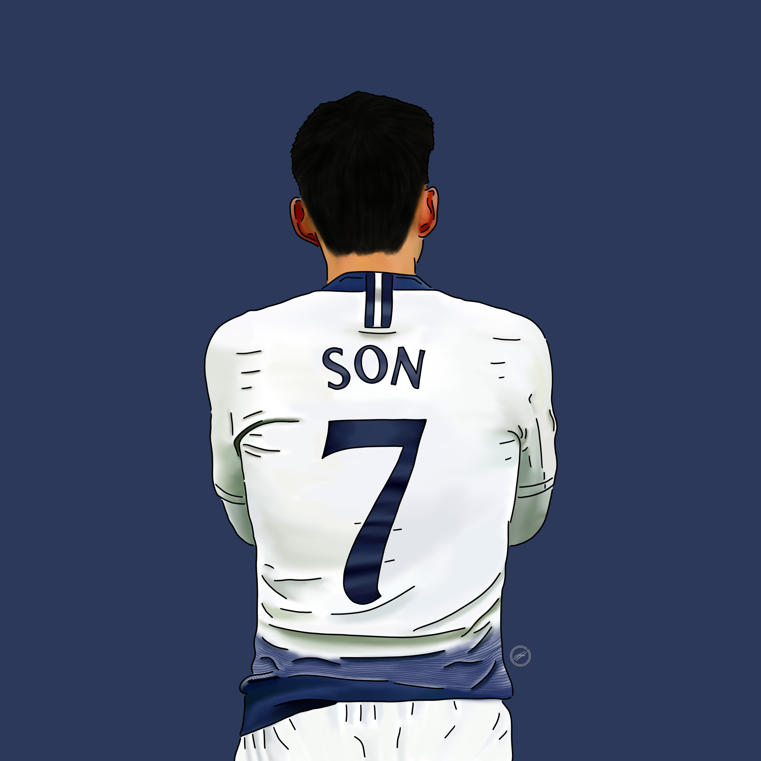 Back view of a soccer player wearing a white jersey with the name "SON" and the number 7, standing against a plain dark background.