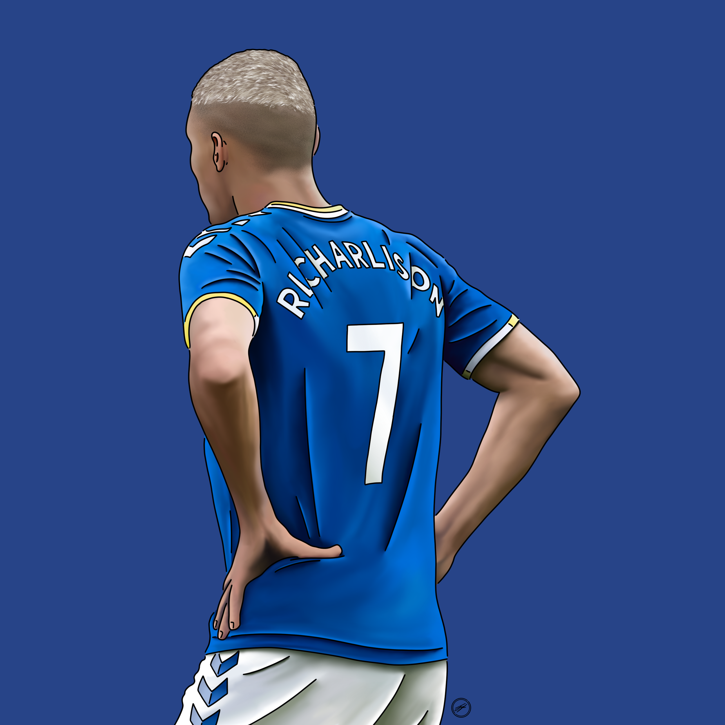 Illustration of a soccer player wearing a blue jersey with the name Richardson and the number 7, standing with hands on hips, facing away from the camera, against a blue background.