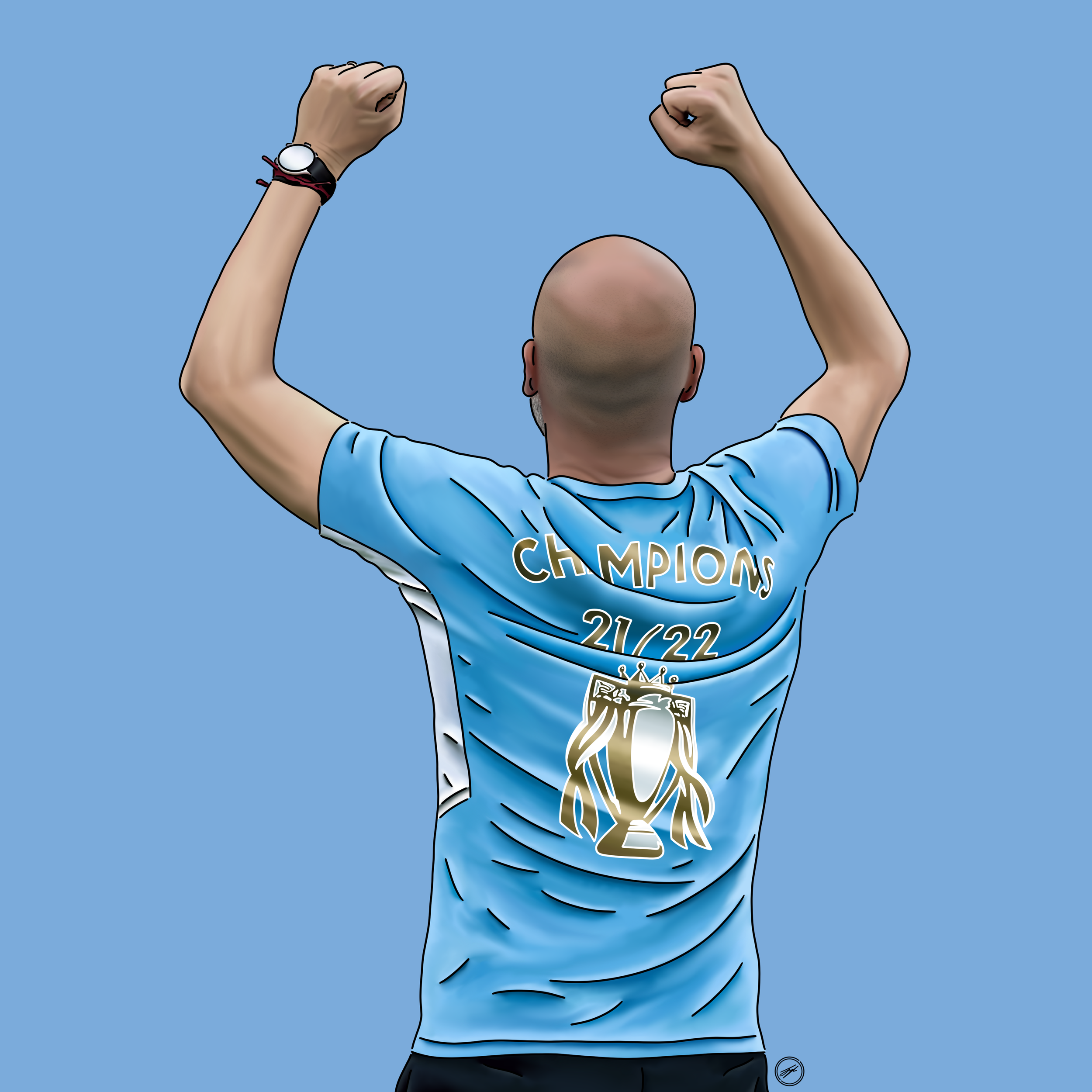 A person with a shaved head and light skin, seen from behind, wears a blue sports jersey with the text 'CHAMPIONS 21/22' and a graphic of a trophy on the back. The individual has their arms raised in a celebratory pose against a plain blue background