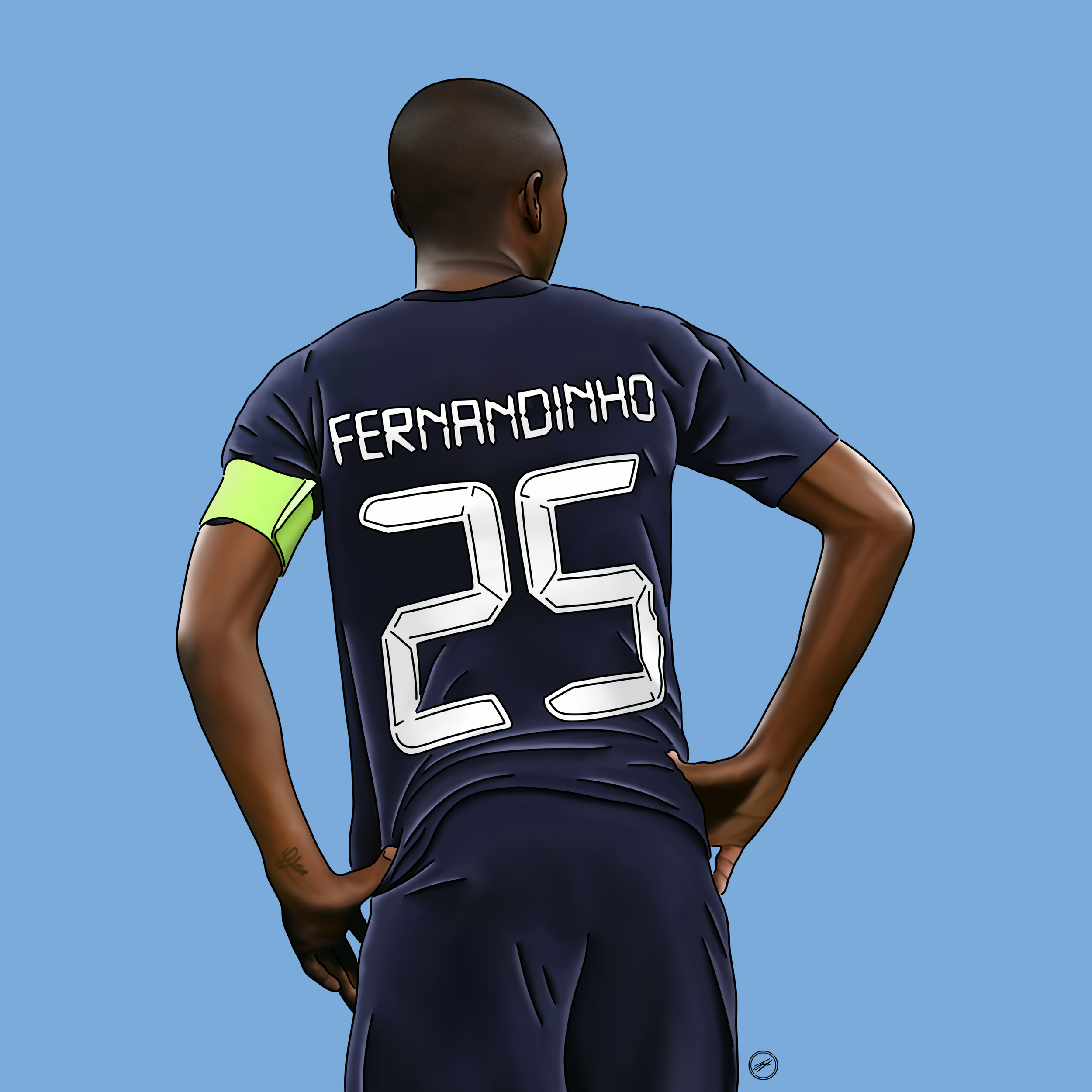 A digital illustration of a male soccer player from behind, wearing a dark blue jersey with the name 'FERNANDINHO' and the number '25' on the back, against a blue background.