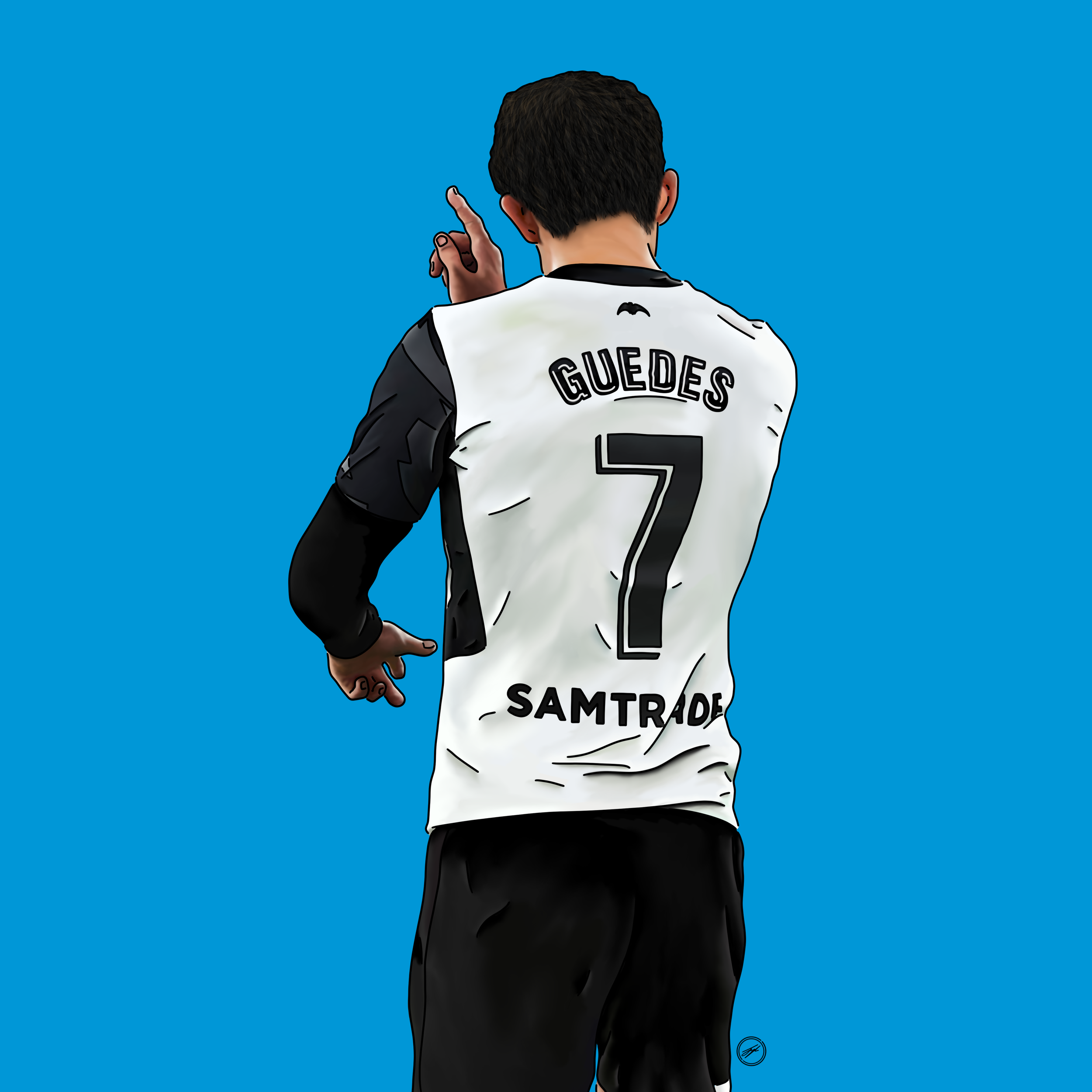 Digital illustration of a soccer player seen from the back, wearing a white jersey with black sleeves, the name 'GUEDES' and the number 7 on it, set against a plain blue background.