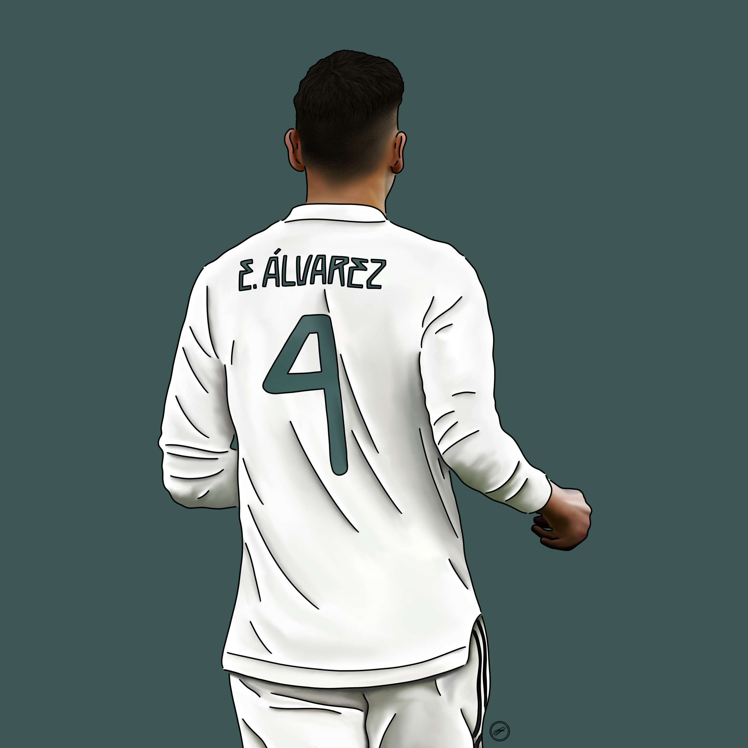 Digital illustration of a male soccer player from behind, wearing a white jersey with the name 'E. ÁLVAREZ' and number 4 on the back.
