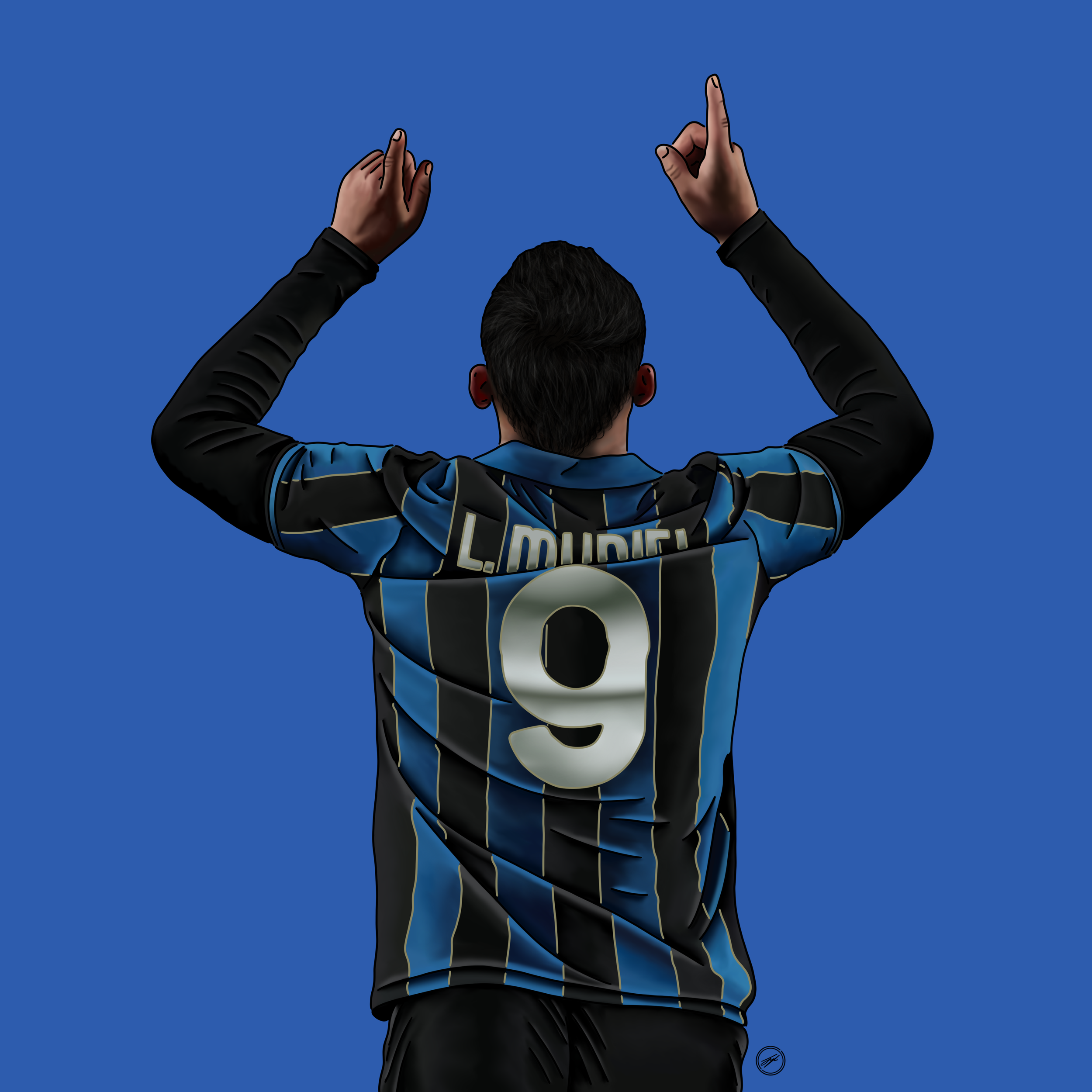 Back view of a soccer player wearing a black and blue striped jersey with the number 9 and name 'L. MOURI', holding both hands up with index fingers pointing upward.