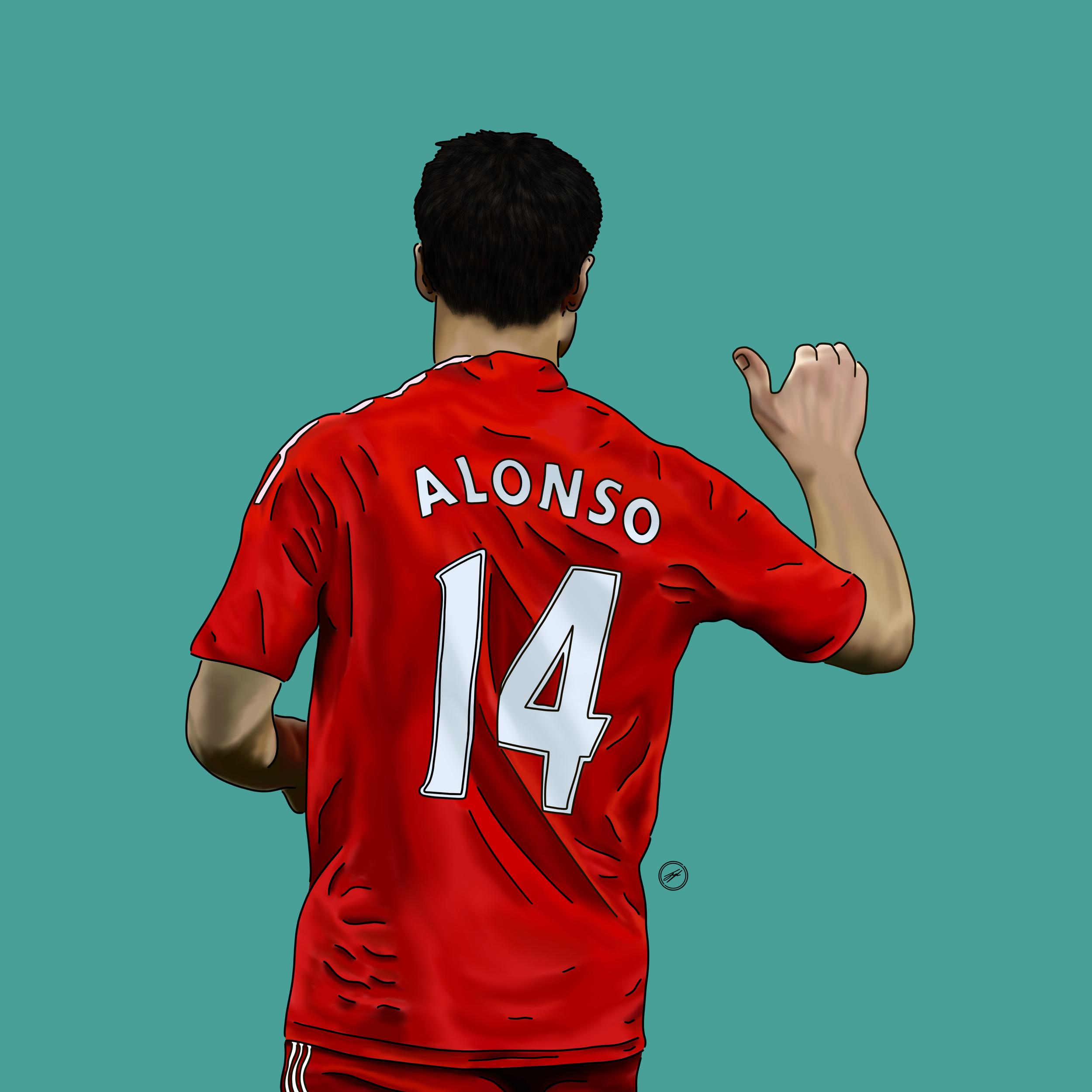 Back view of a soccer player wearing a red jersey with the name 'Alonso' and number 14, against a teal background.