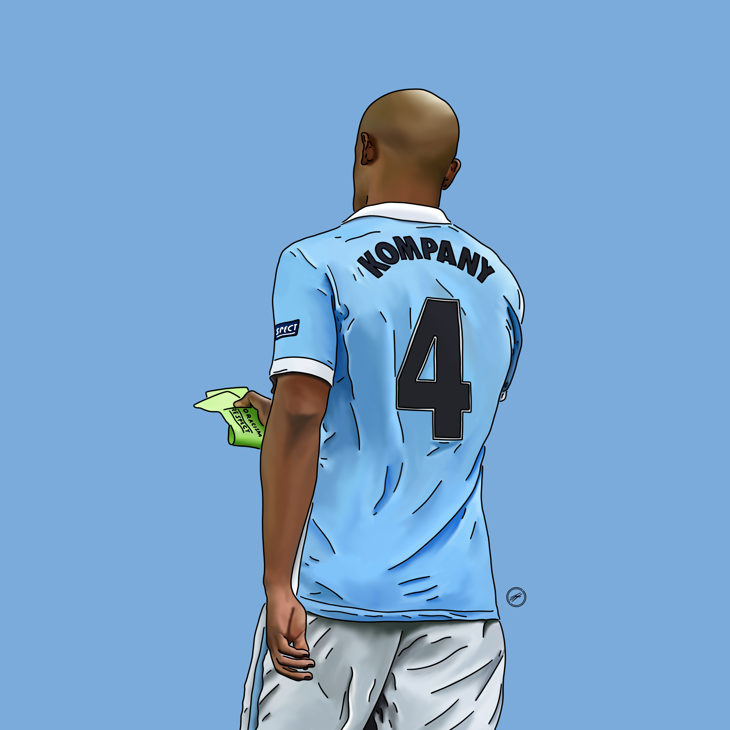 A soccer player wearing a light blue jersey with the number 4 and the name 'KOMPANY' on the back, holding a green card, against a blue background.