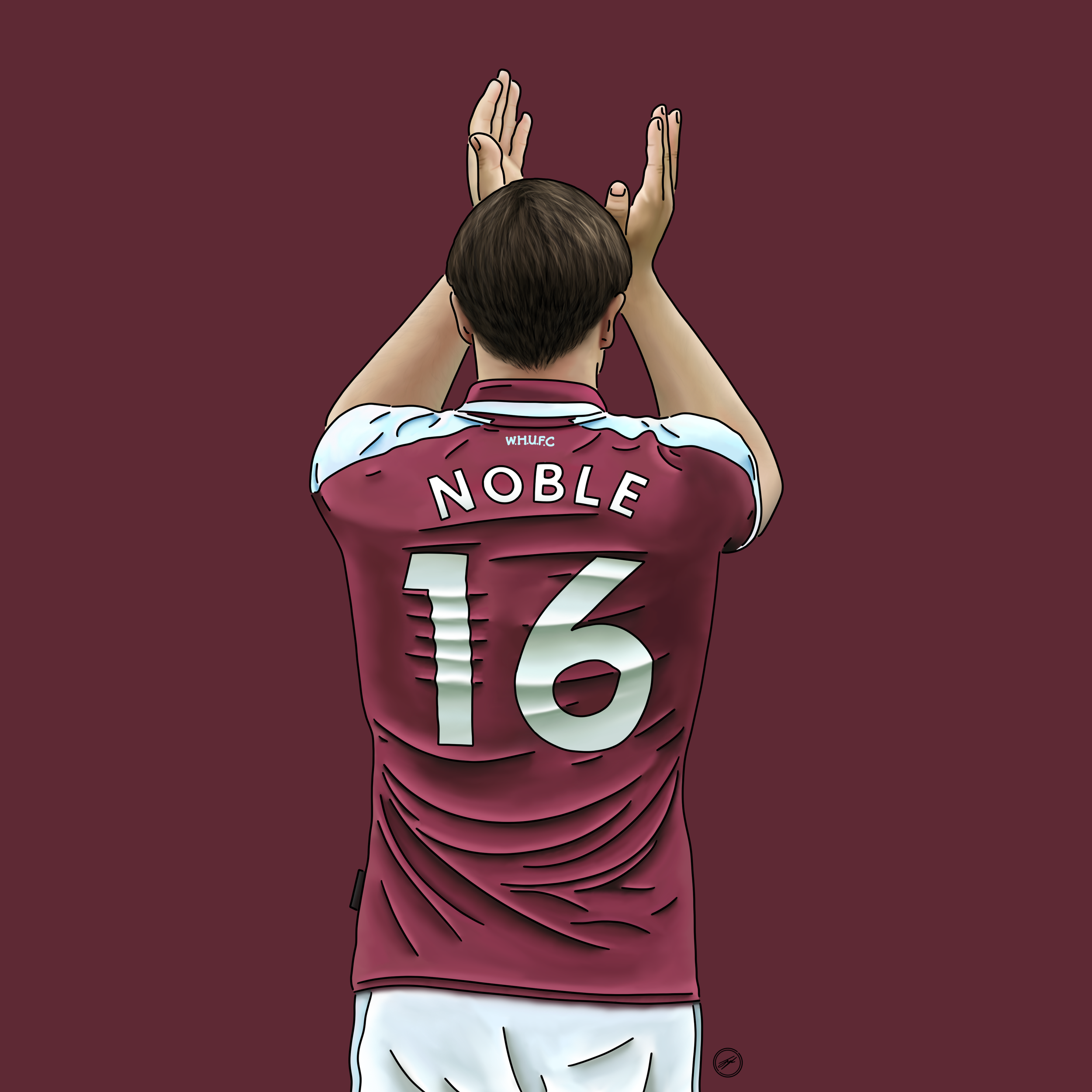 Digital illustration of a football player wearing a maroon and light blue jersey with the name 'Noble' and the number '16' on the back, facing away with hands raised against a maroon background.