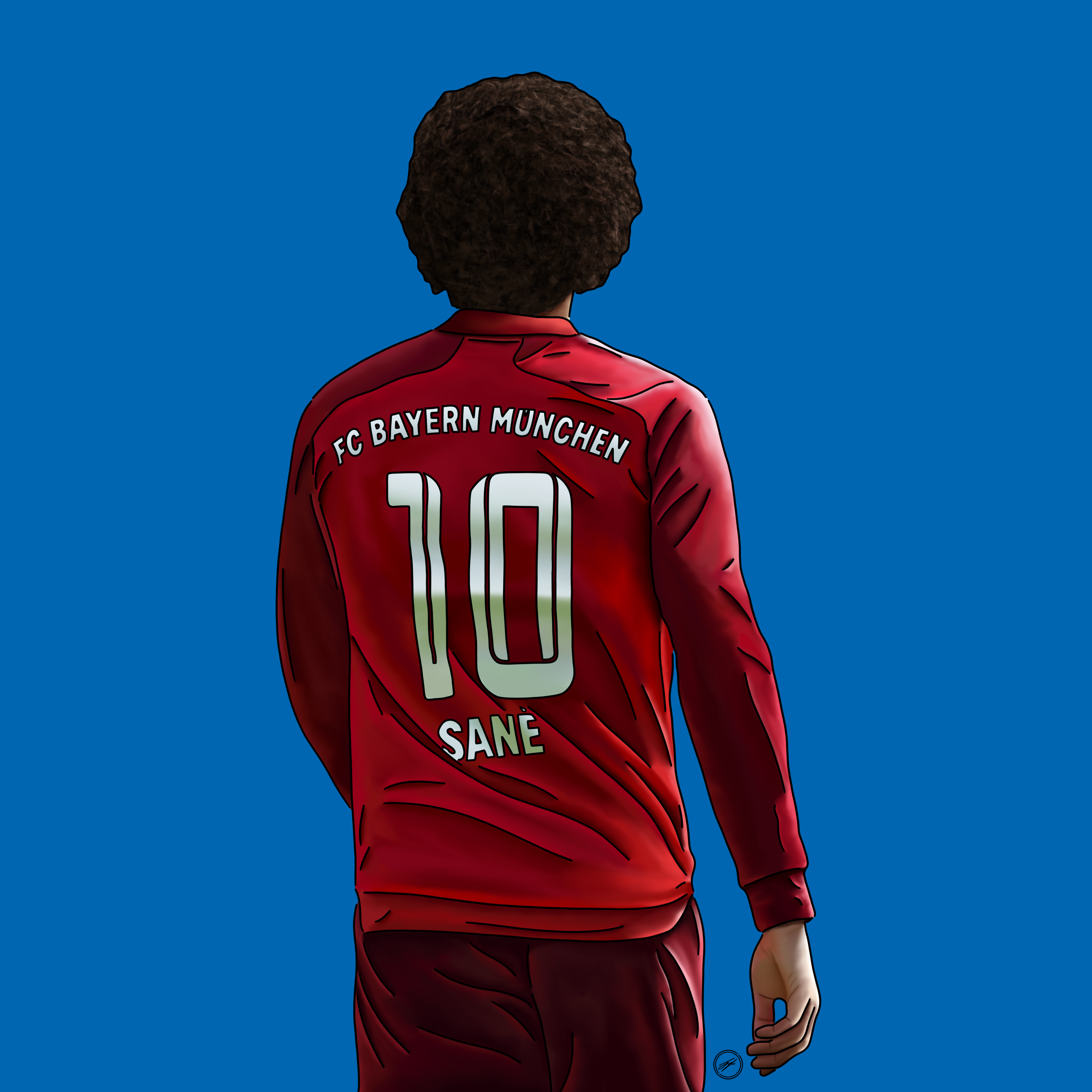 Back view of a person wearing a red FC Bayern Munchen soccer jersey with the number 10 and the name Sané, standing against a blue background.