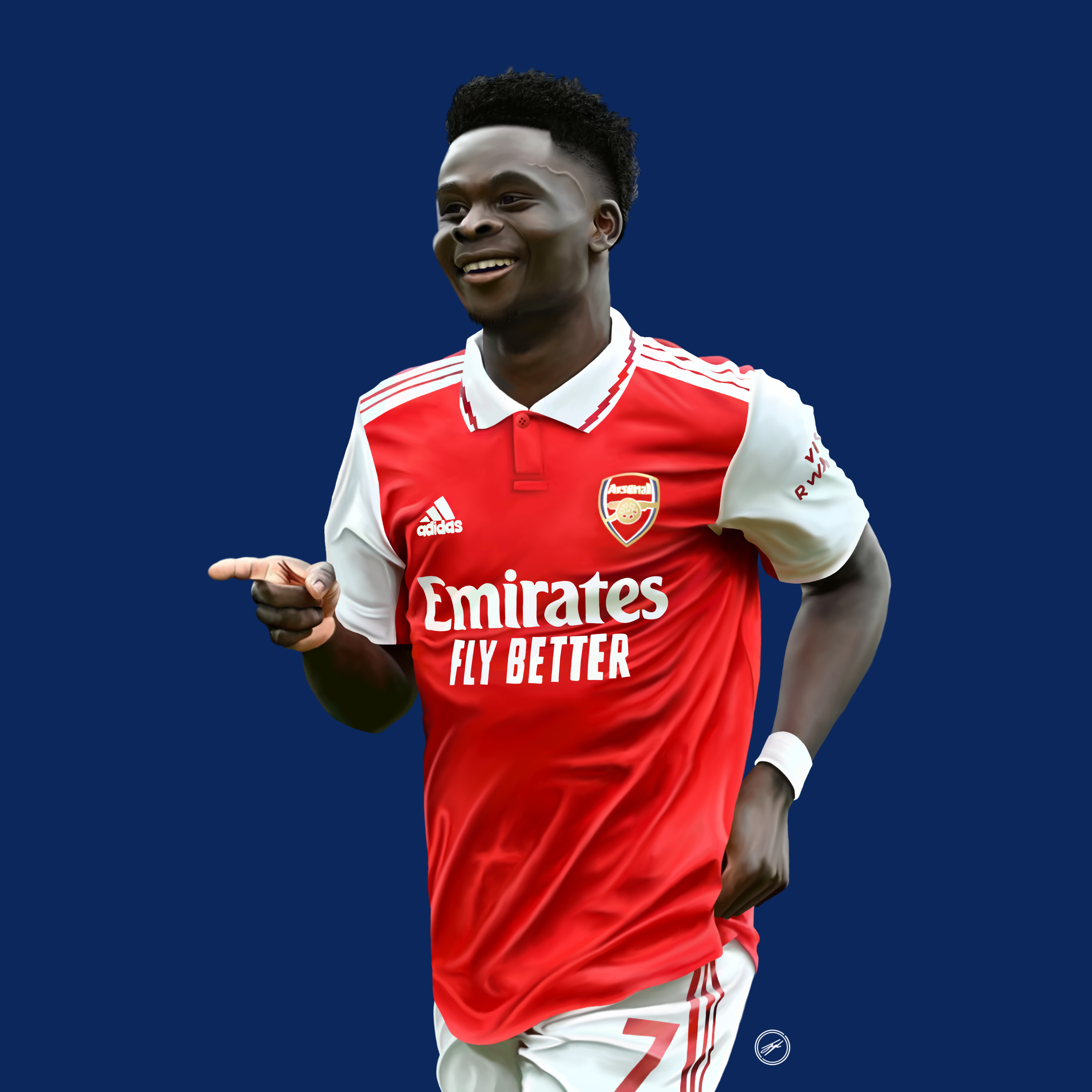 A soccer player in an Arsenal jersey celebrating, pointing with his left hand against a solid dark blue background.