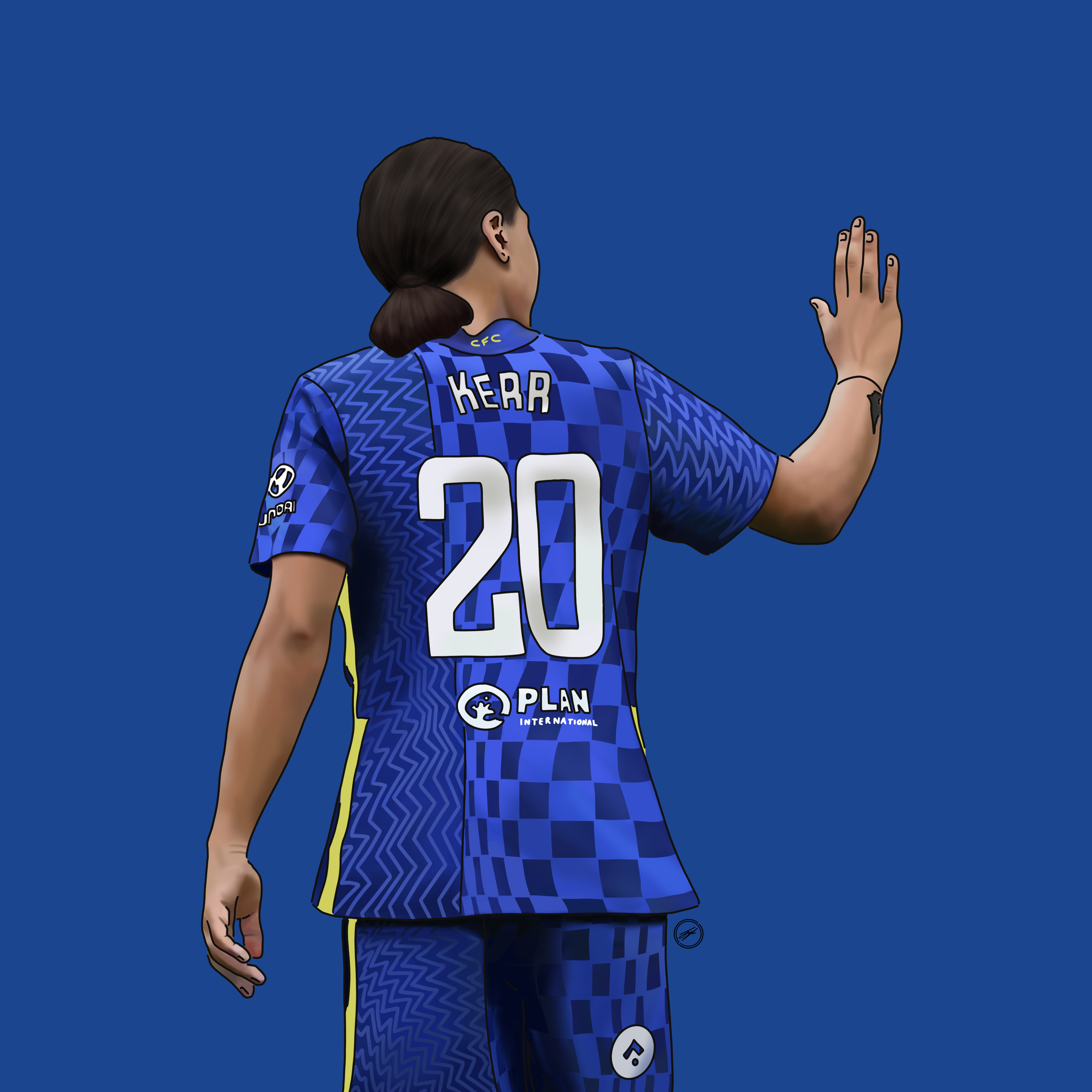 Illustration of a female soccer player in a blue chevron-patterned jersey with the number 20 and the name KERR, waving with her right hand against a solid blue background.