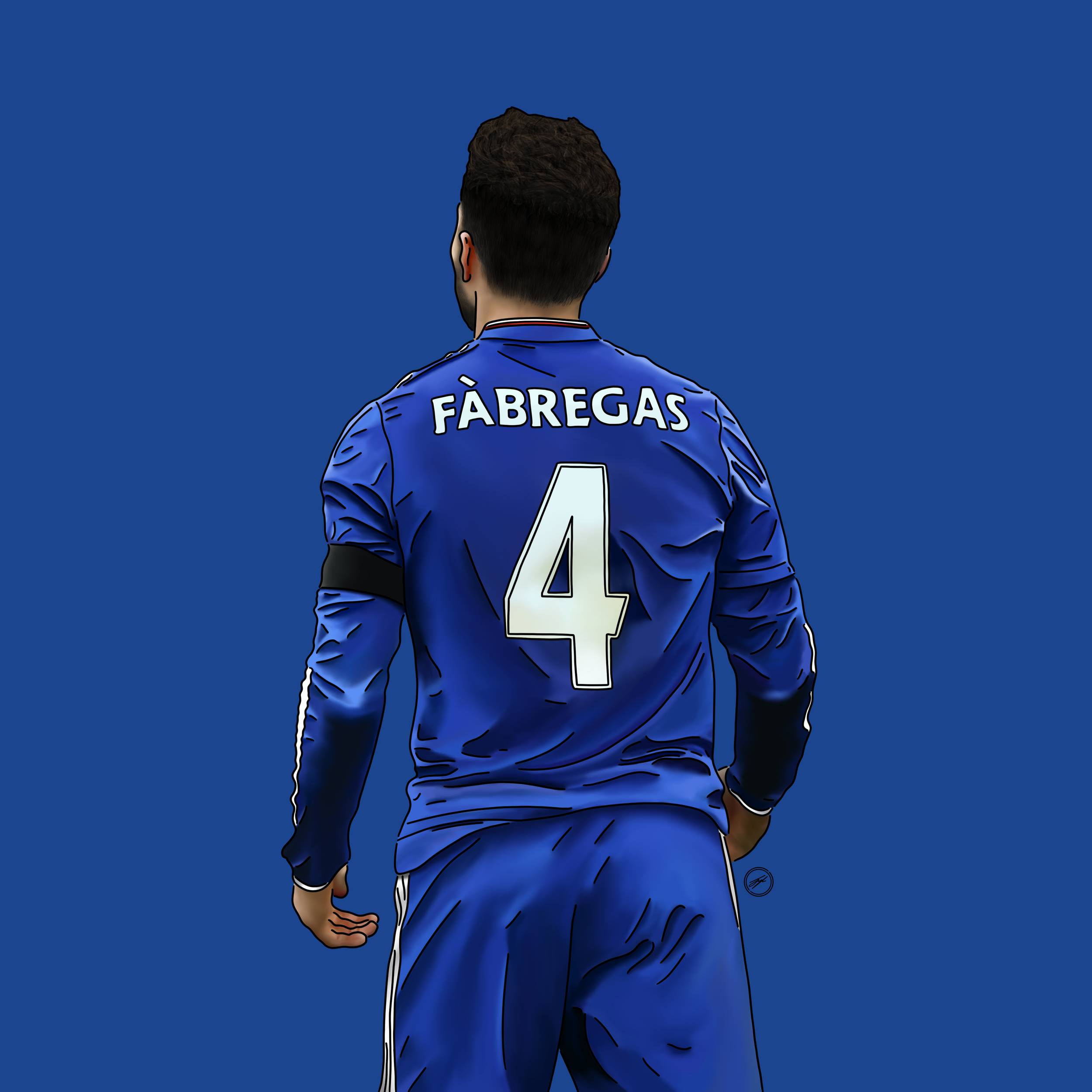 Digital illustration of a soccer player from behind, wearing a blue jersey with the name 'FÀBREGAS' and the number 4, standing against a blue background.