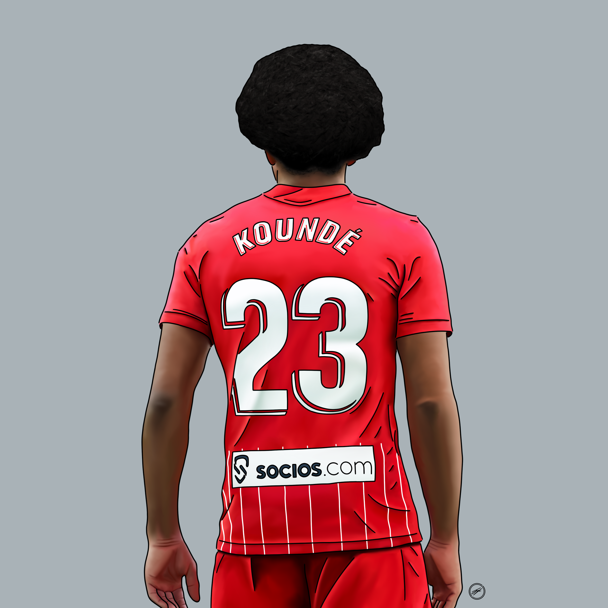 A digital drawing of a soccer player from behind, wearing a red jersey with the name 'Koundé' and the number '23' on the back, standing against a plain gray background.