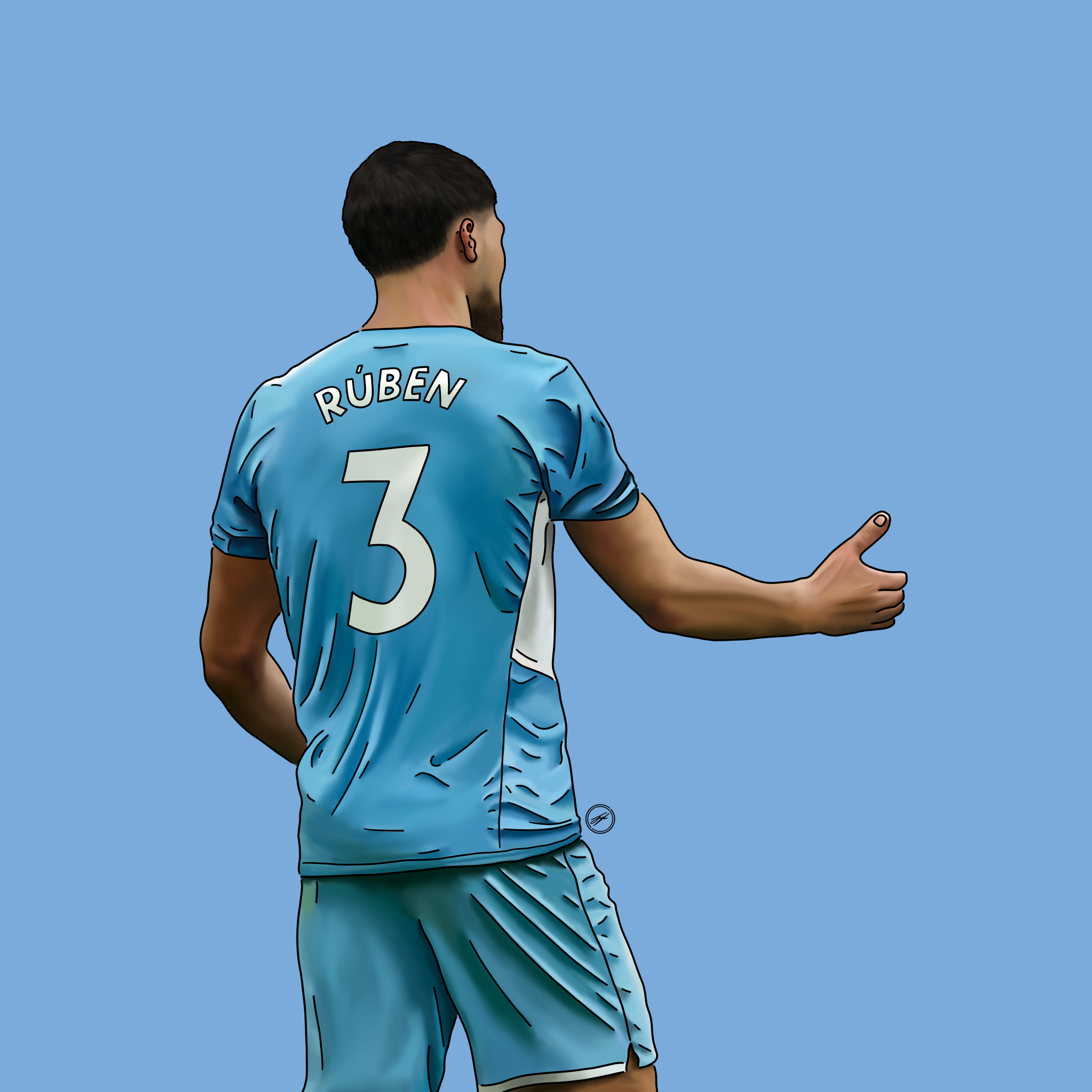 Digital illustration of a soccer player from behind, wearing a blue jersey with the name 'RUBEN' and the number '3' on it, extending his right hand in a gesture against a solid light blue background.