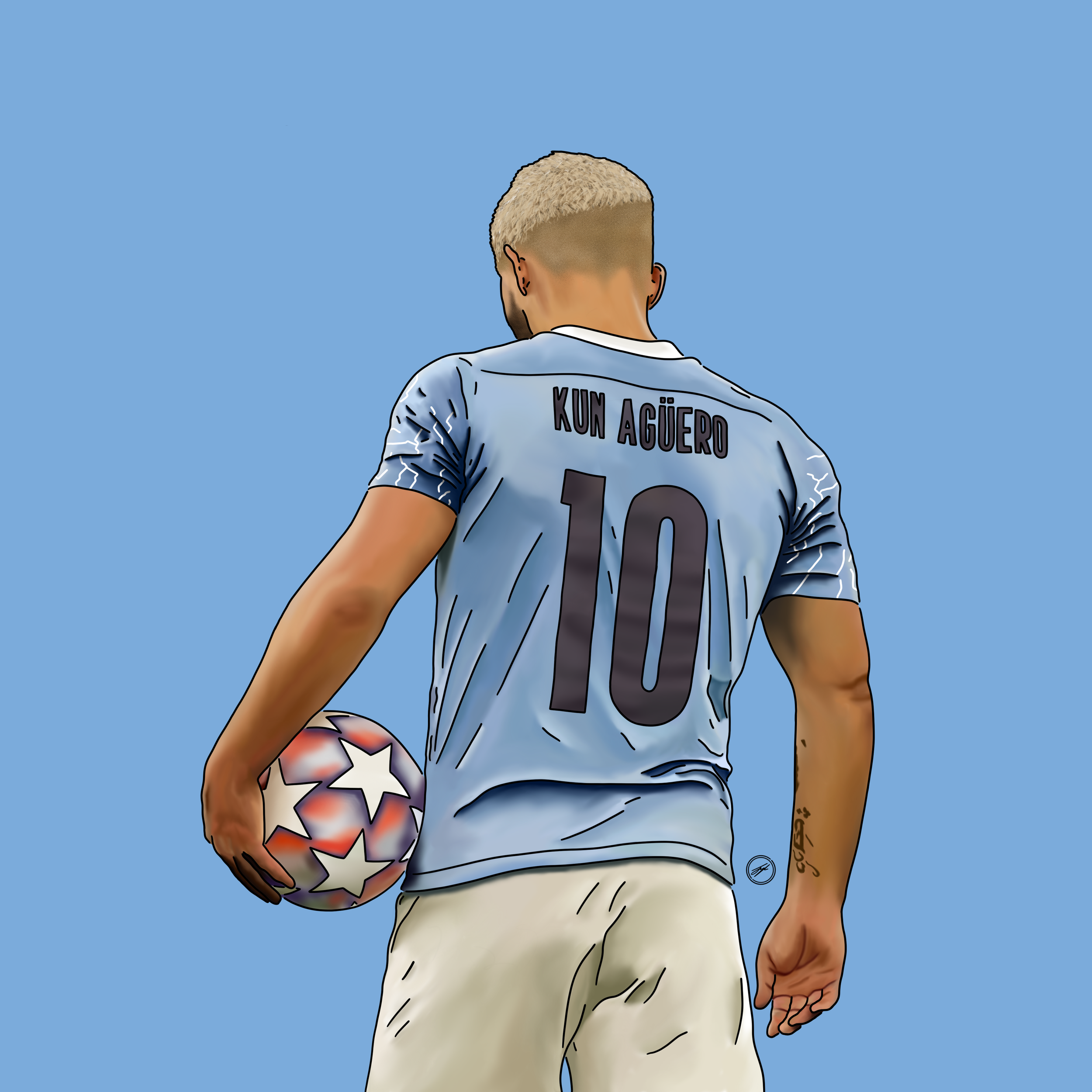 A digital illustration of a soccer player from behind, wearing a light blue jersey with the name "Kun Agüero" and the number 10, holding a UEFA Champions League soccer ball, against a plain blue background.