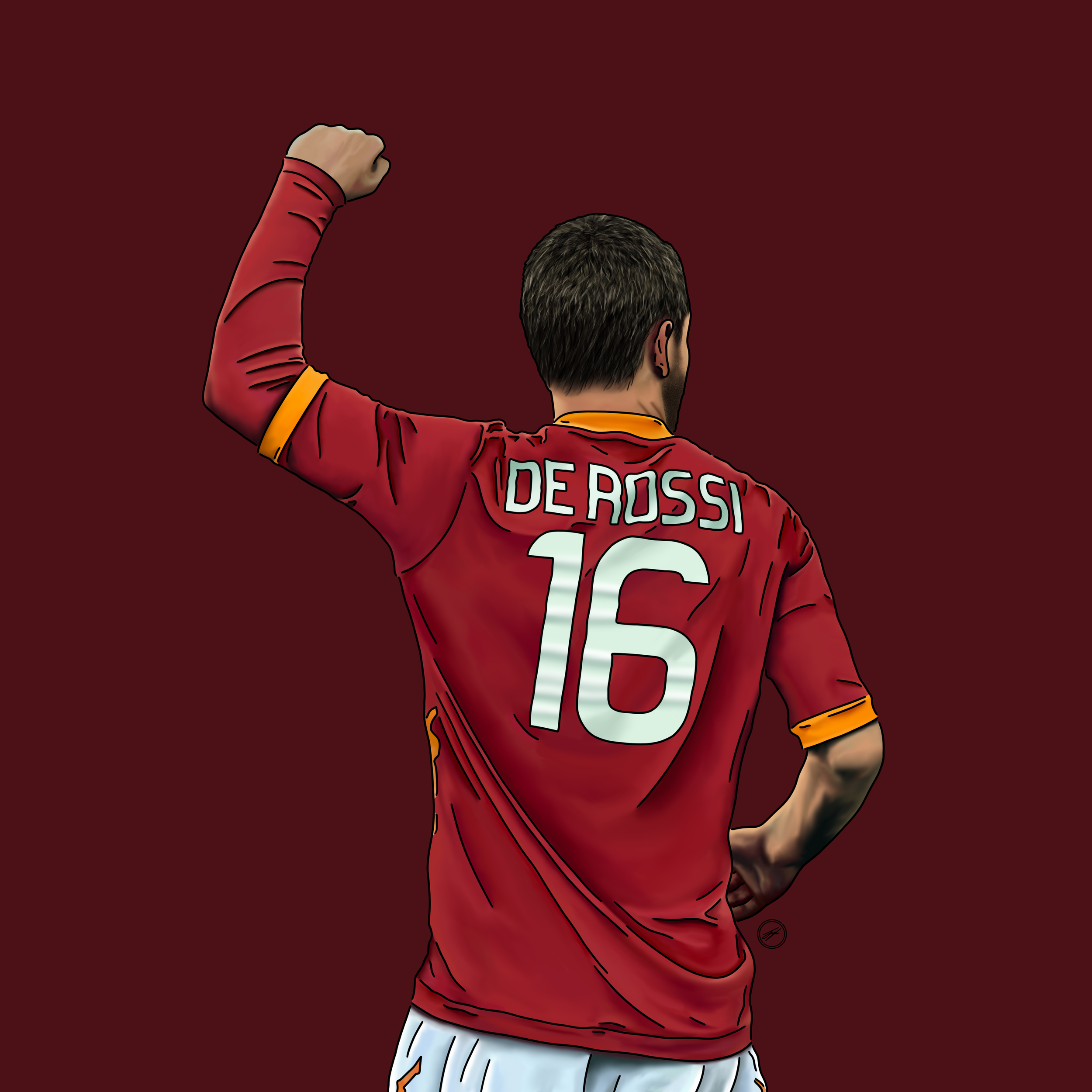 Digital illustration of a soccer player from behind, wearing a red jersey with the name 'De Rossi' and number 16, raising his right fist in celebration against a dark red background.