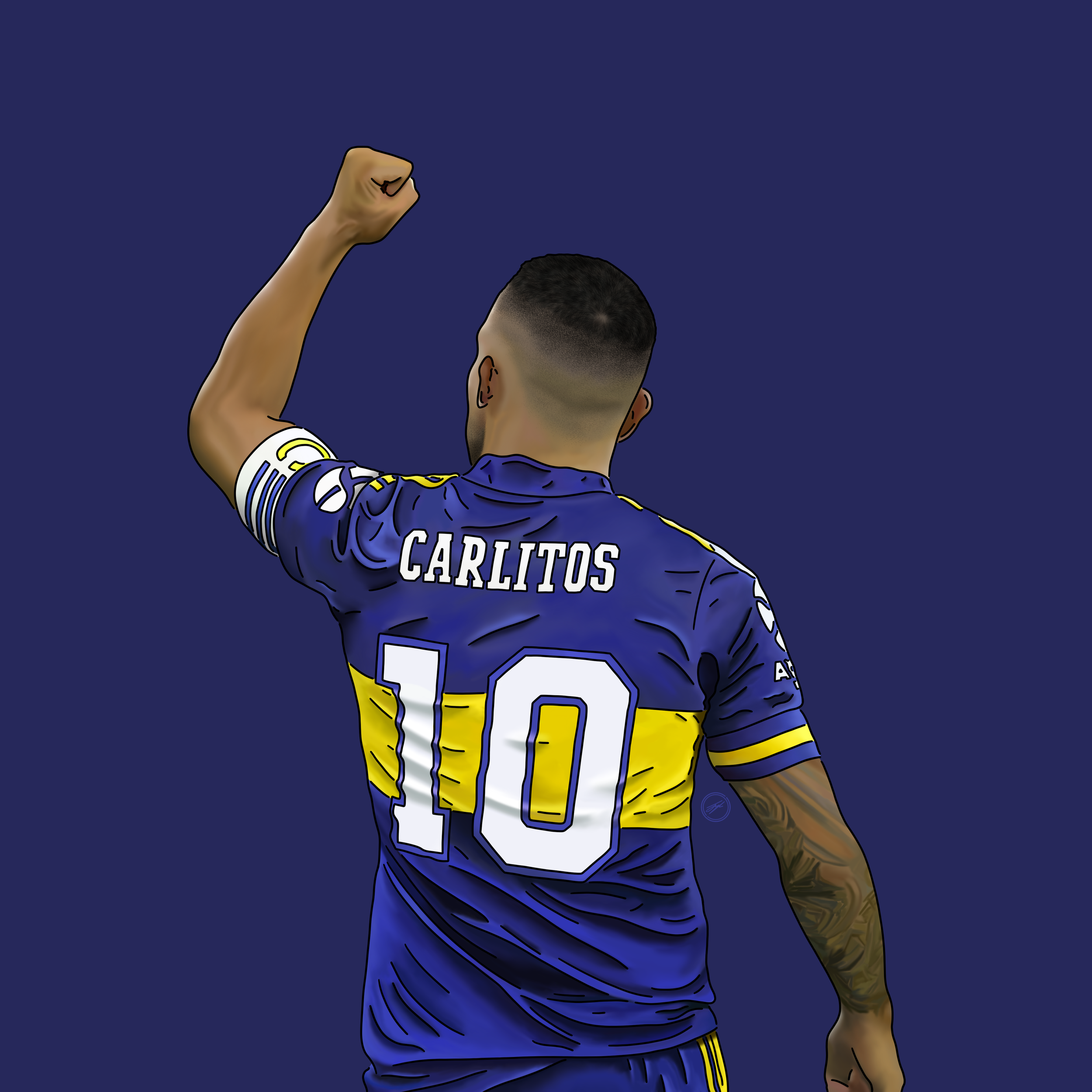 Digital illustration of a soccer player wearing a blue and yellow jersey with the name 'CARLITOS' and the number 10 on the back, raising his right fist.