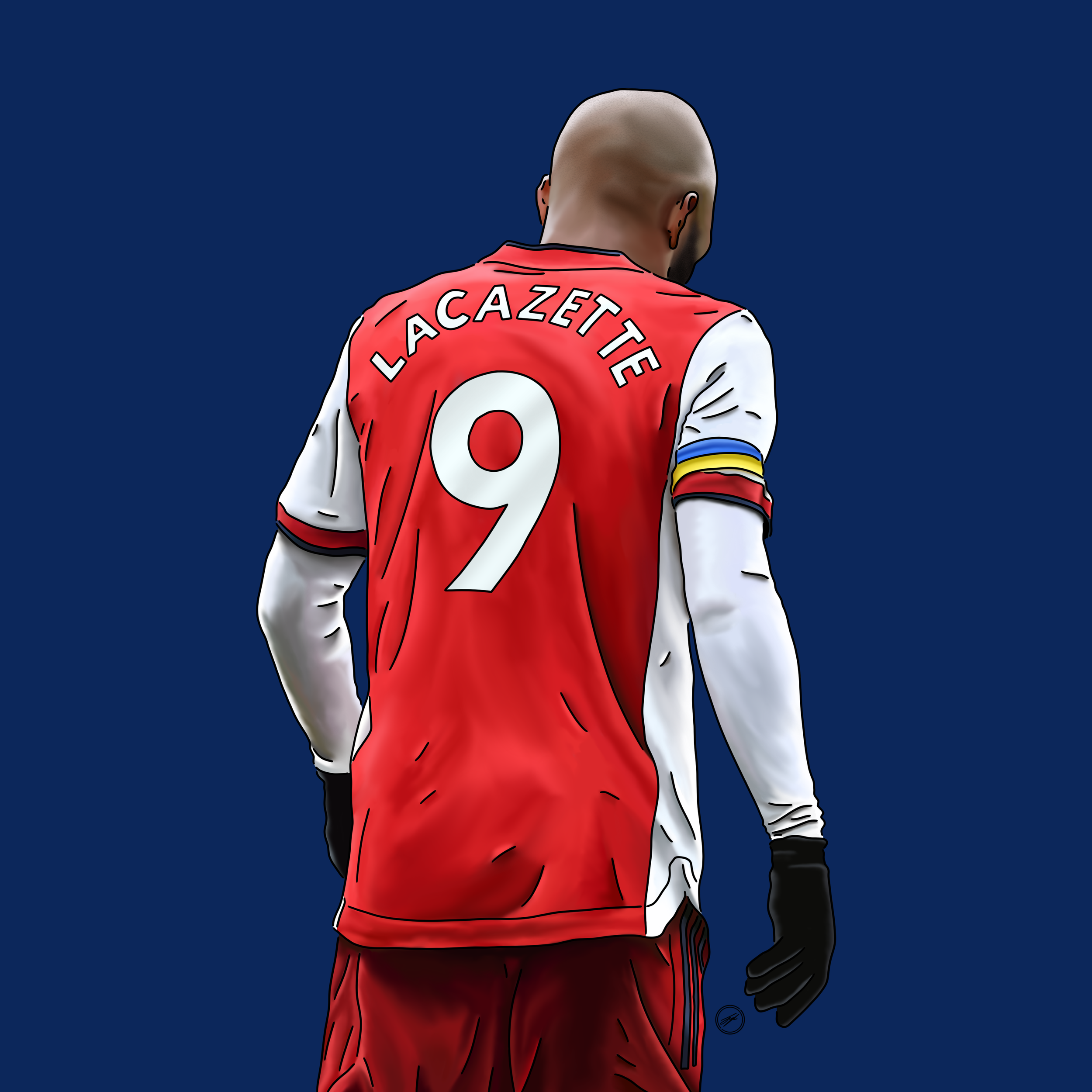 Football player wearing red and white jersey with the name 'LACAZETTE' and the number 9, viewed from the back, on a dark background.