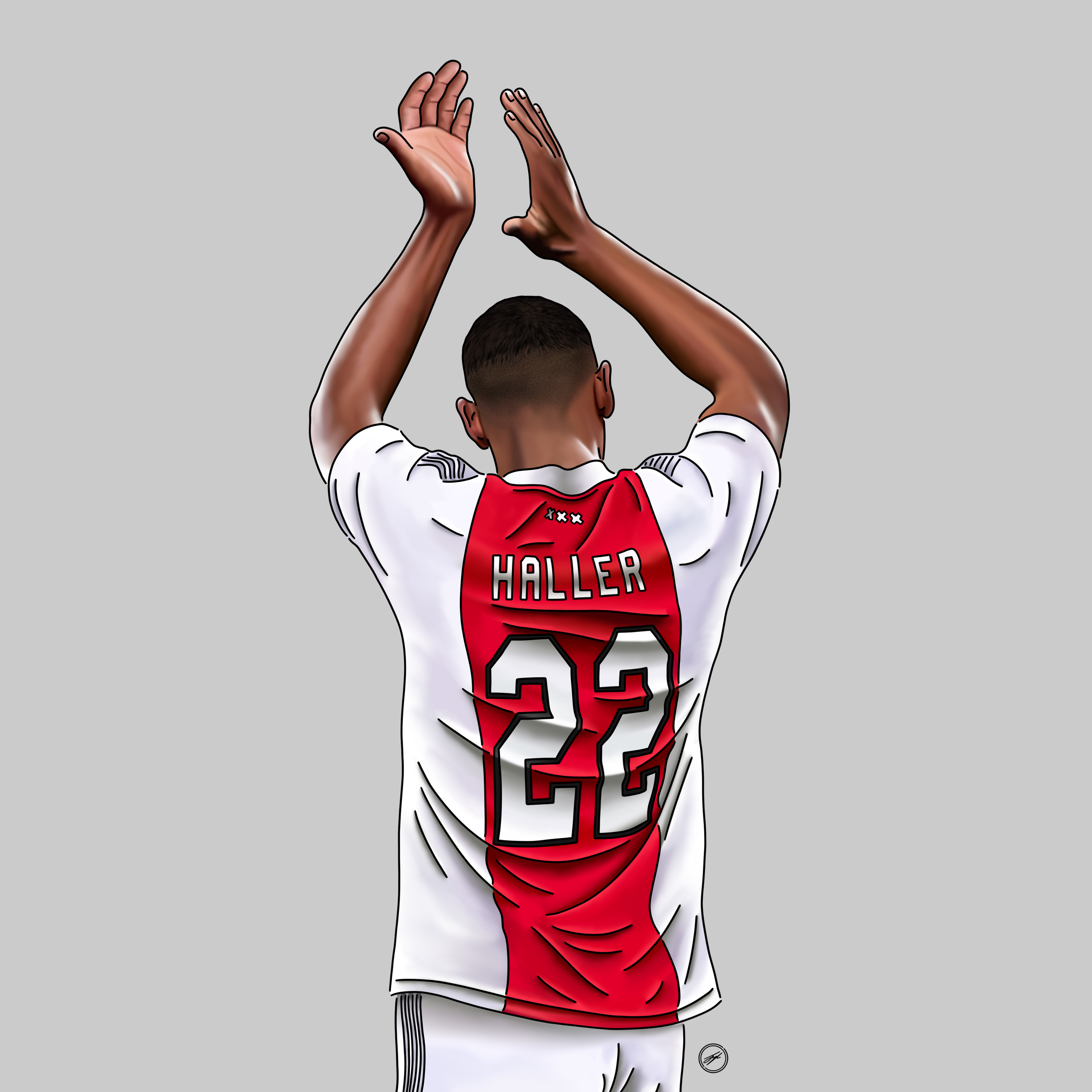 A soccer player from behind, wearing a white and red jersey with the name 'Haller' and the number 22, raising his hands above his head in celebration.