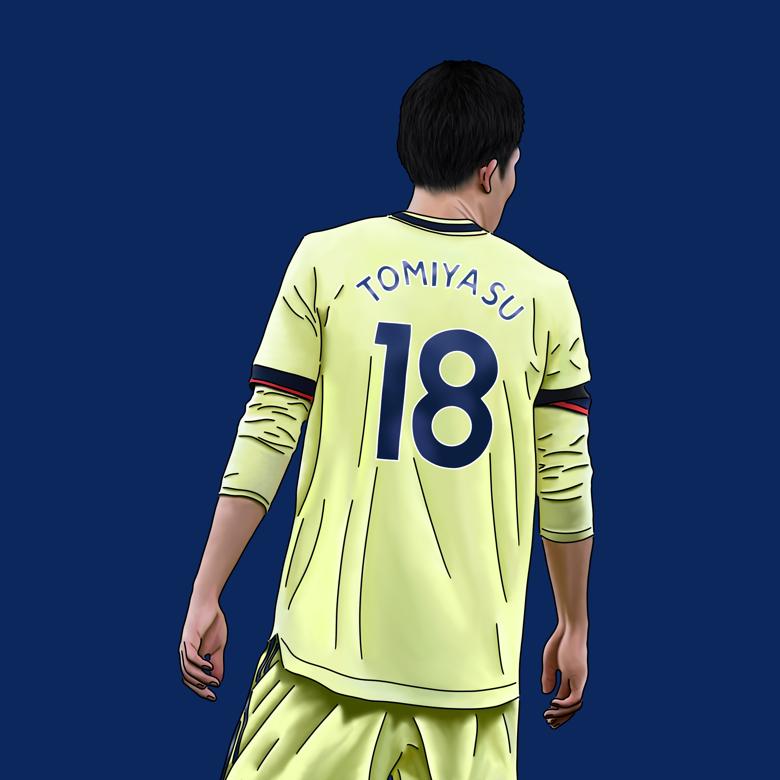 Digital illustration of a soccer player seen from behind, wearing a yellow jersey with the name 'Tomiyasu' and the number '18' on it, against a dark blue background.