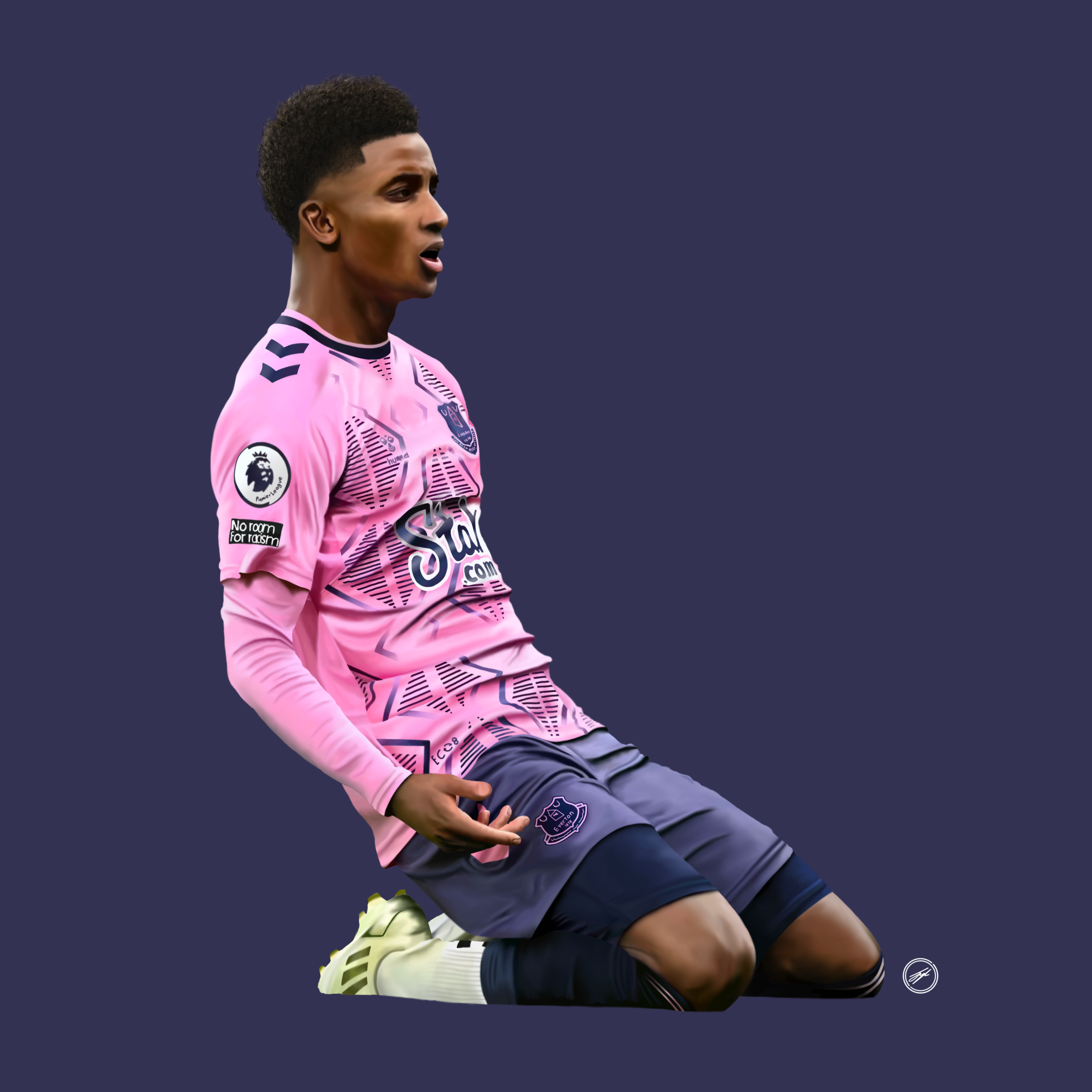 A male soccer player in a pink jersey kneeling on the field, celebrating, against a dark background.