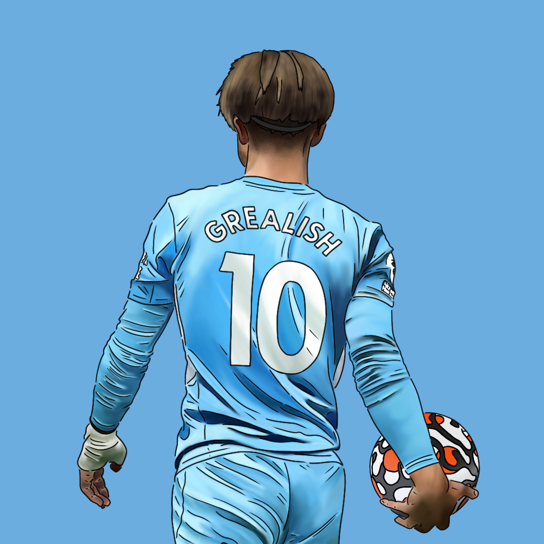 Back view of a male soccer player in a blue uniform with the name 'Grealish' and number '10,' holding a soccer ball.