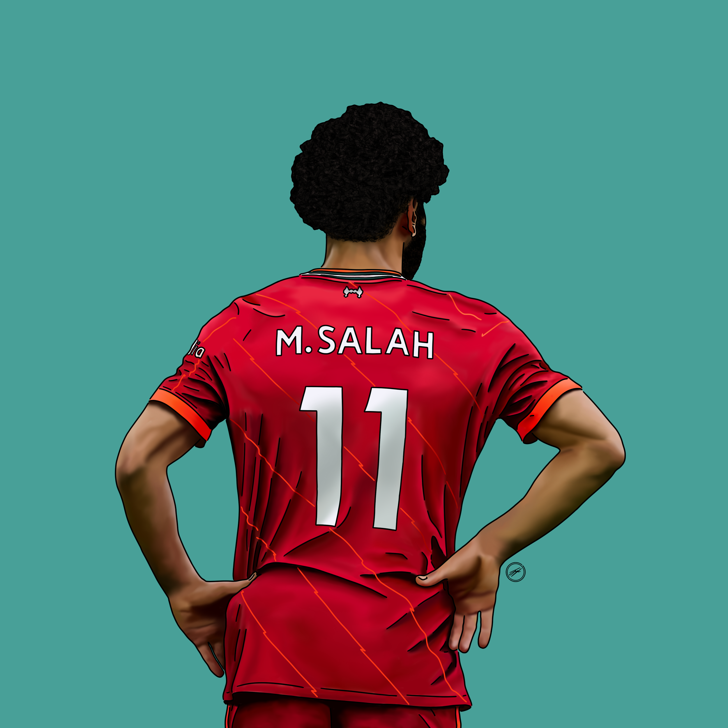 Digital illustration of Mohamed Salah from behind, wearing a red Liverpool jersey with the number 11 and his name on the back, standing against a teal background.