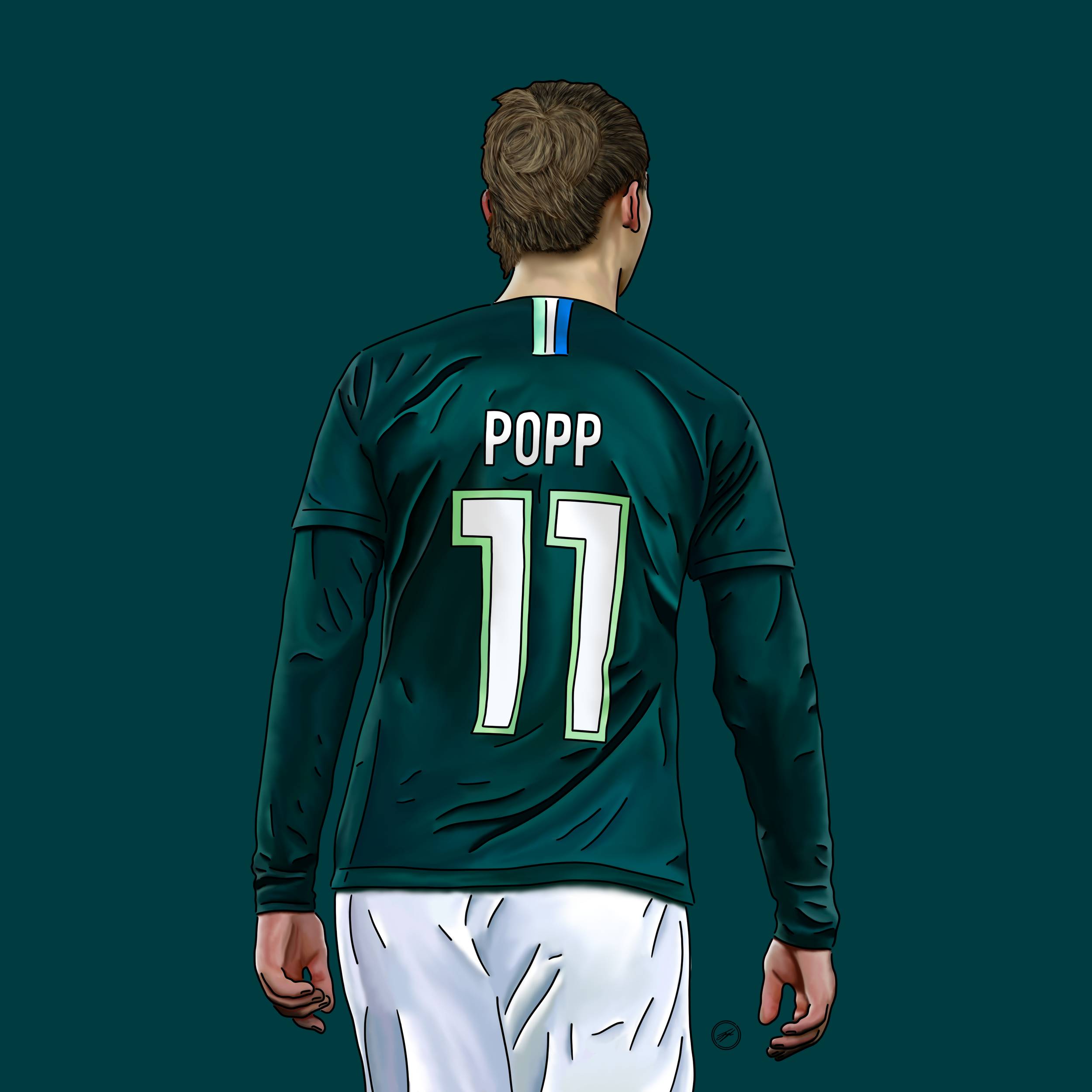 Digital illustration of a football player from behind, wearing a dark jersey with the name 'POPP' and number '11', standing against a dark background.