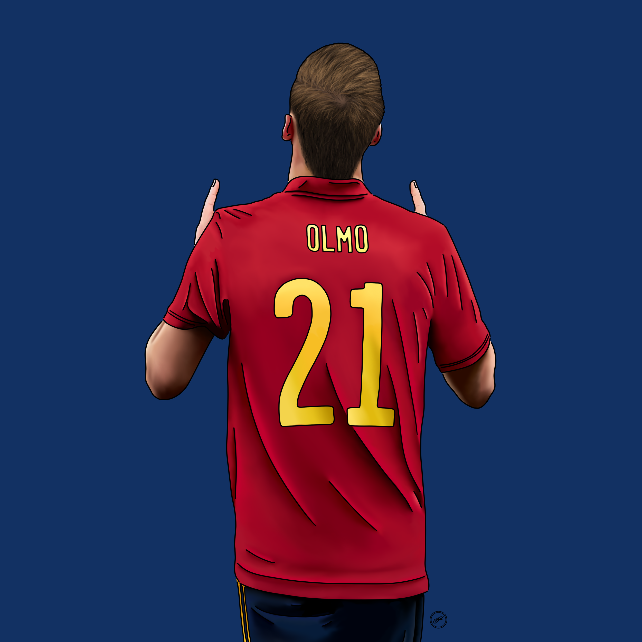 Digital illustration of a male soccer player from behind, wearing a red jersey with the name 'OLMO' and the number '21' in yellow, standing against a blue background.