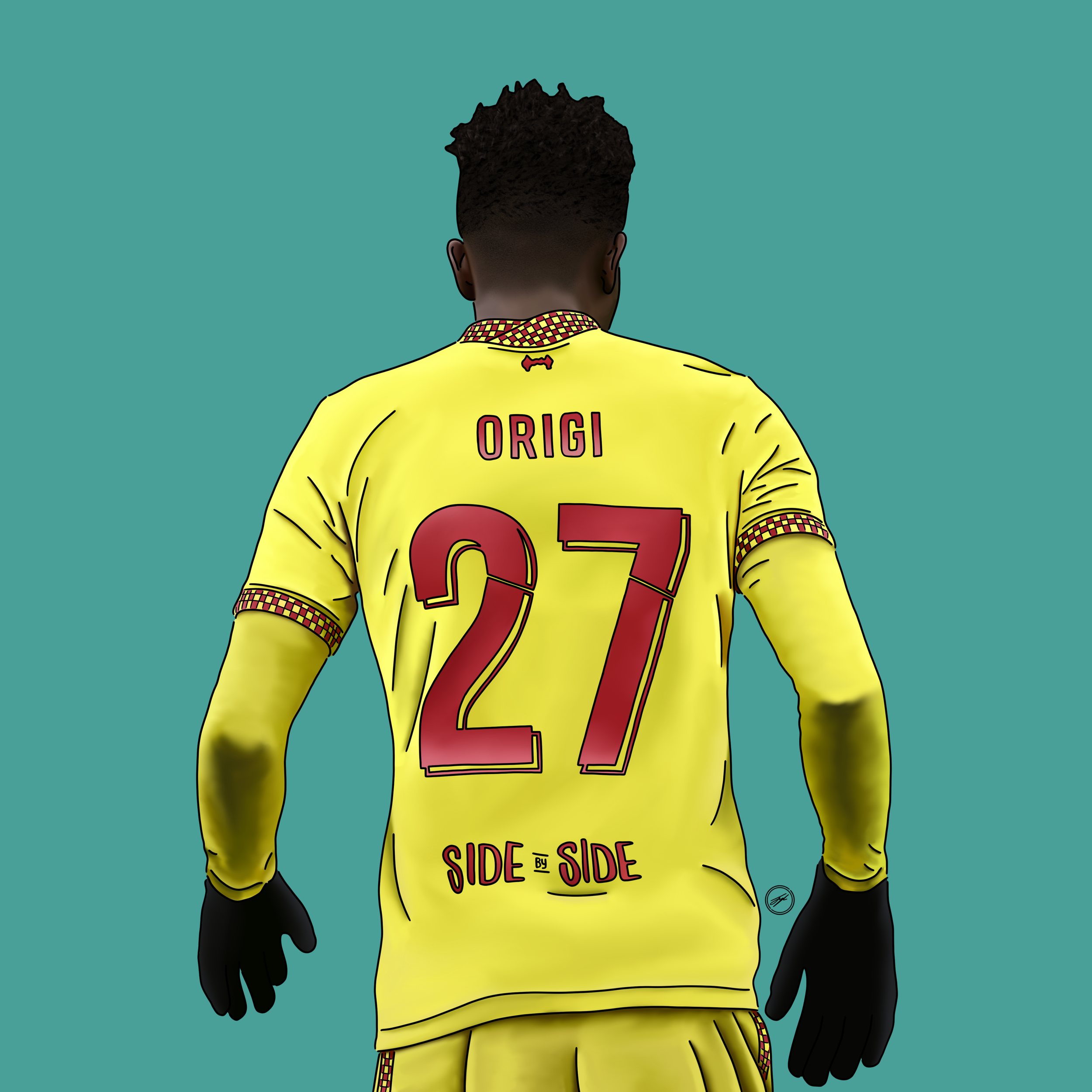 Illustration of a soccer player seen from behind, wearing a yellow jersey with the name 'ORIGI' and the number '27' on the back, against a teal background.