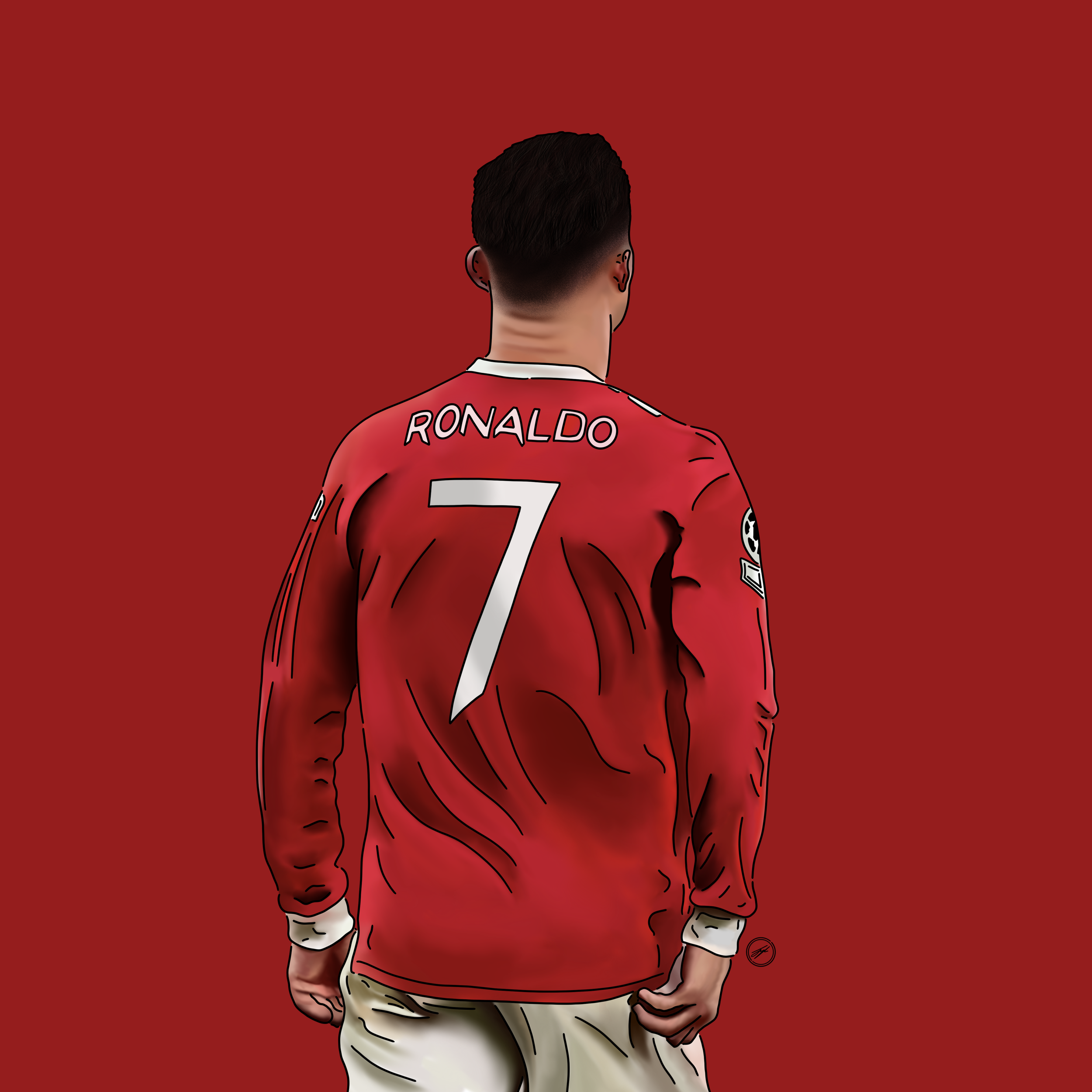 Illustration of Cristiano Ronaldo from behind, wearing a red Manchester United jersey with his name and number 7, against a red background.