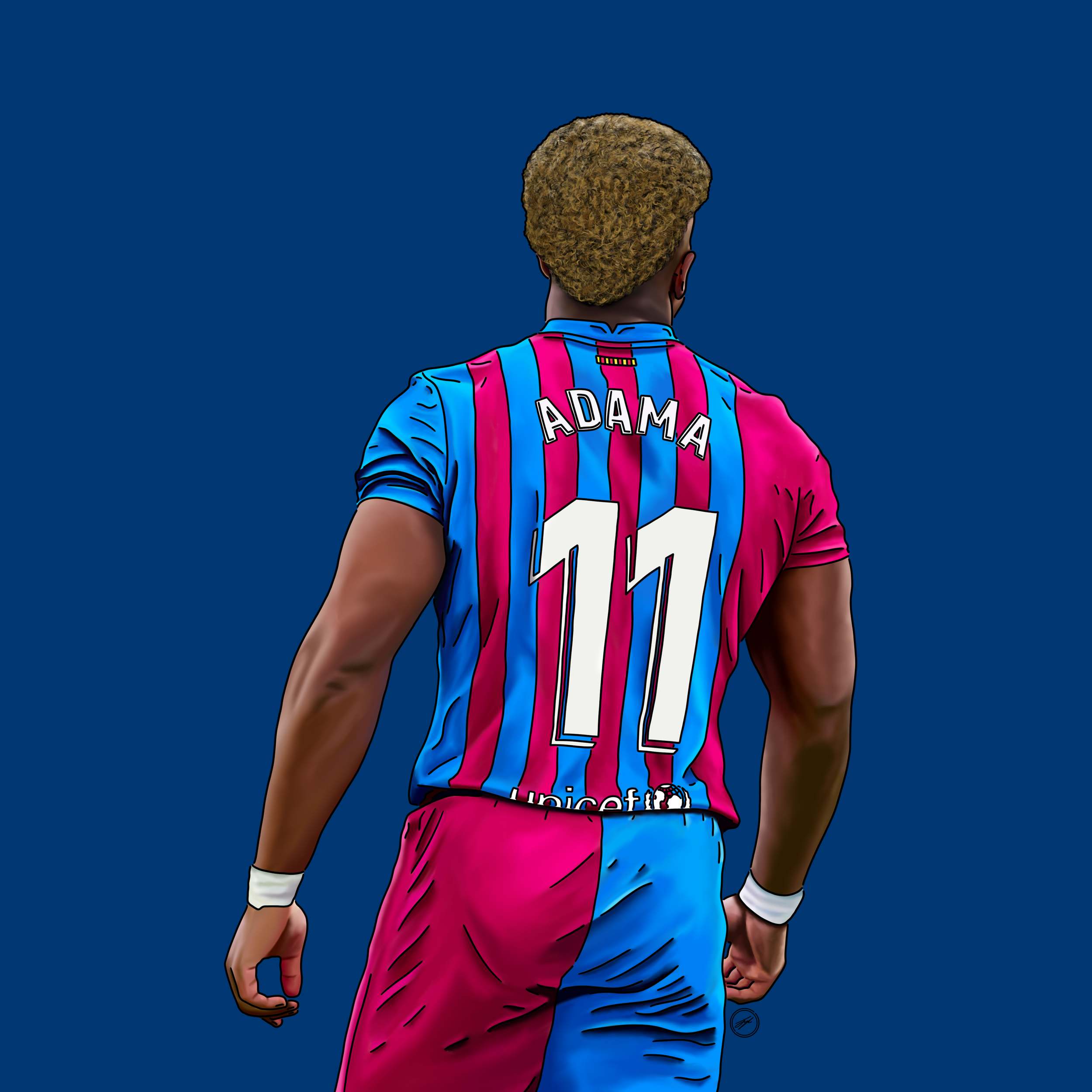 Back view of a soccer player wearing a colorful striped jersey with the name 'ADAMA' and the number '11' on it, standing against a solid blue background.