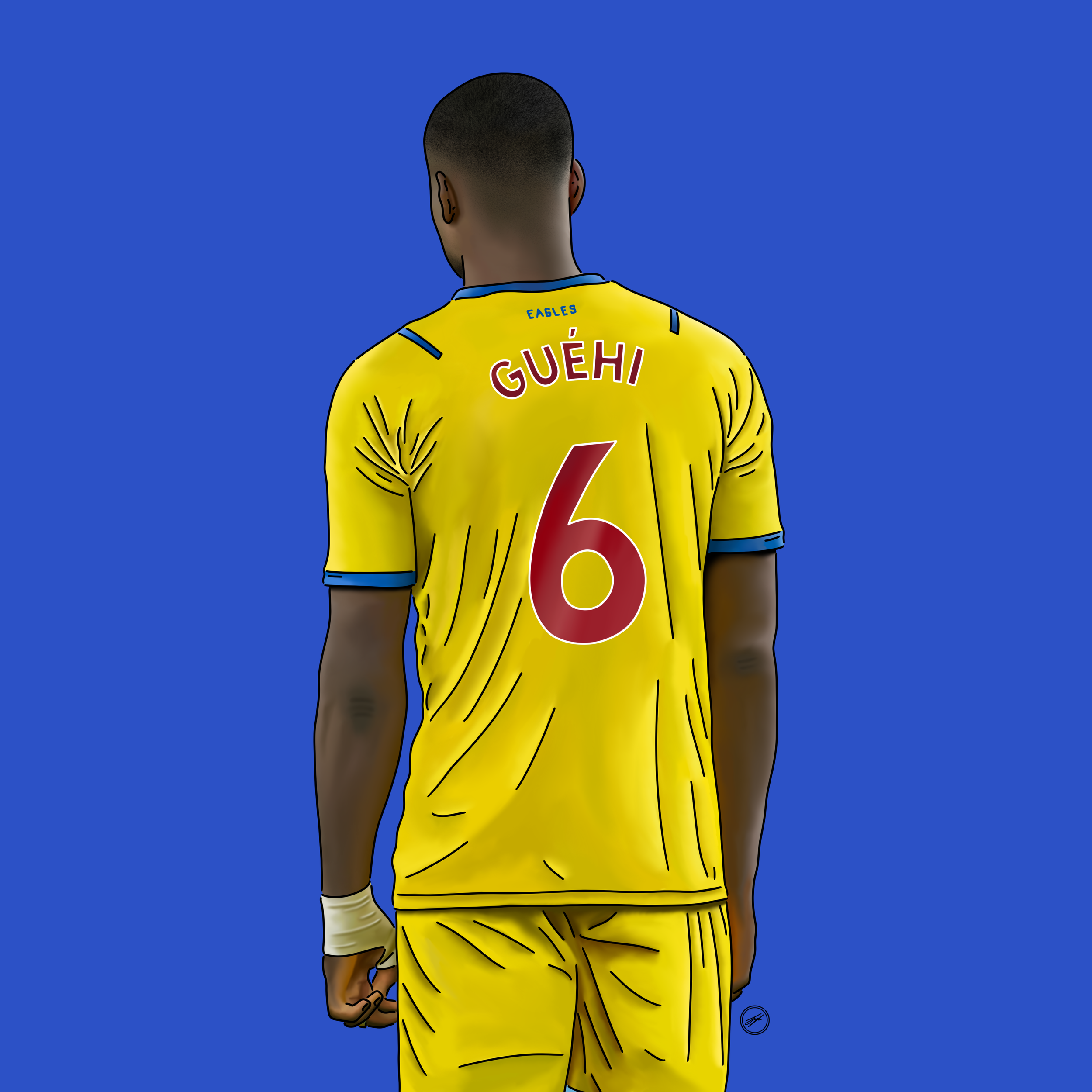 A digital illustration of a soccer player in a yellow uniform with the name 'GUEHI' and the number 6 on the back, standing against a solid blue background.