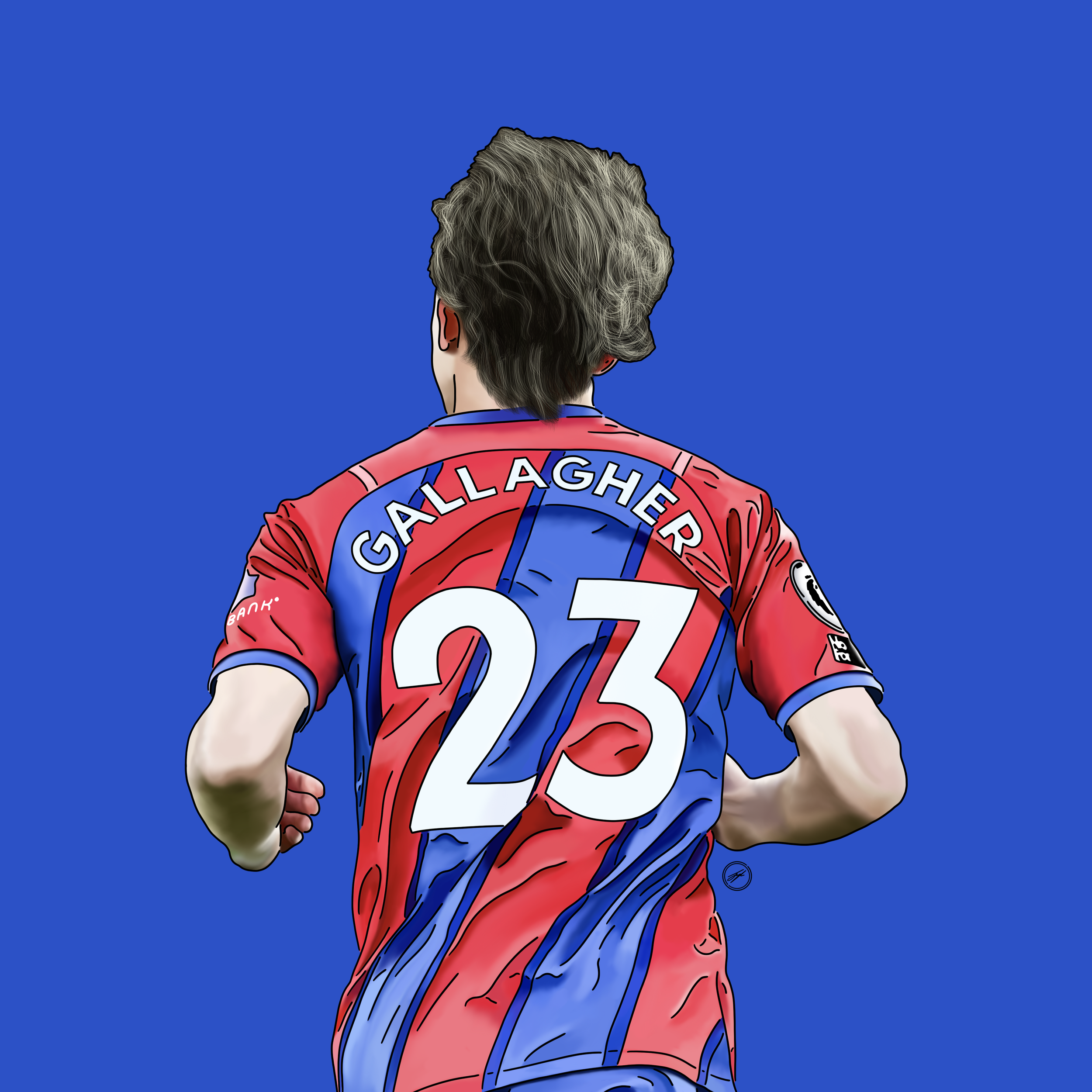 Digital illustration of a soccer player from behind, wearing a red and blue jersey with the name 'Gallagher' and the number '23' on the back, set against a solid blue background.
