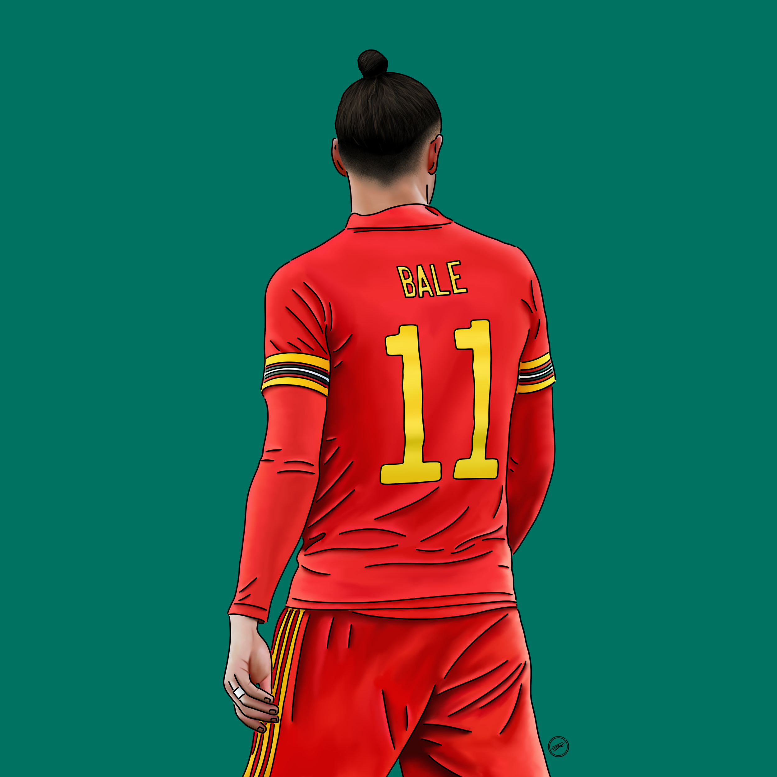 Digital illustration of a soccer player from behind, wearing a red jersey with the name Bale and the number 11.