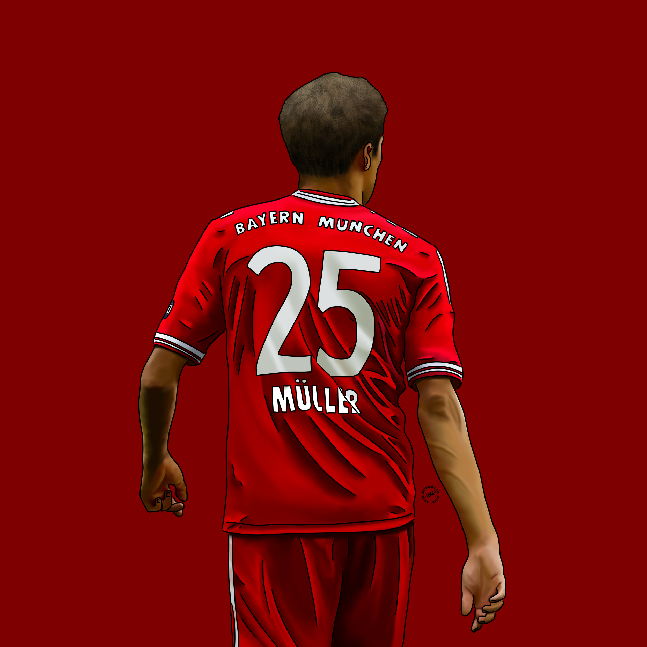 A digital illustration of a soccer player wearing a red jersey with the number 25 and the name 'Müller' on the back, standing with his back to the viewer.