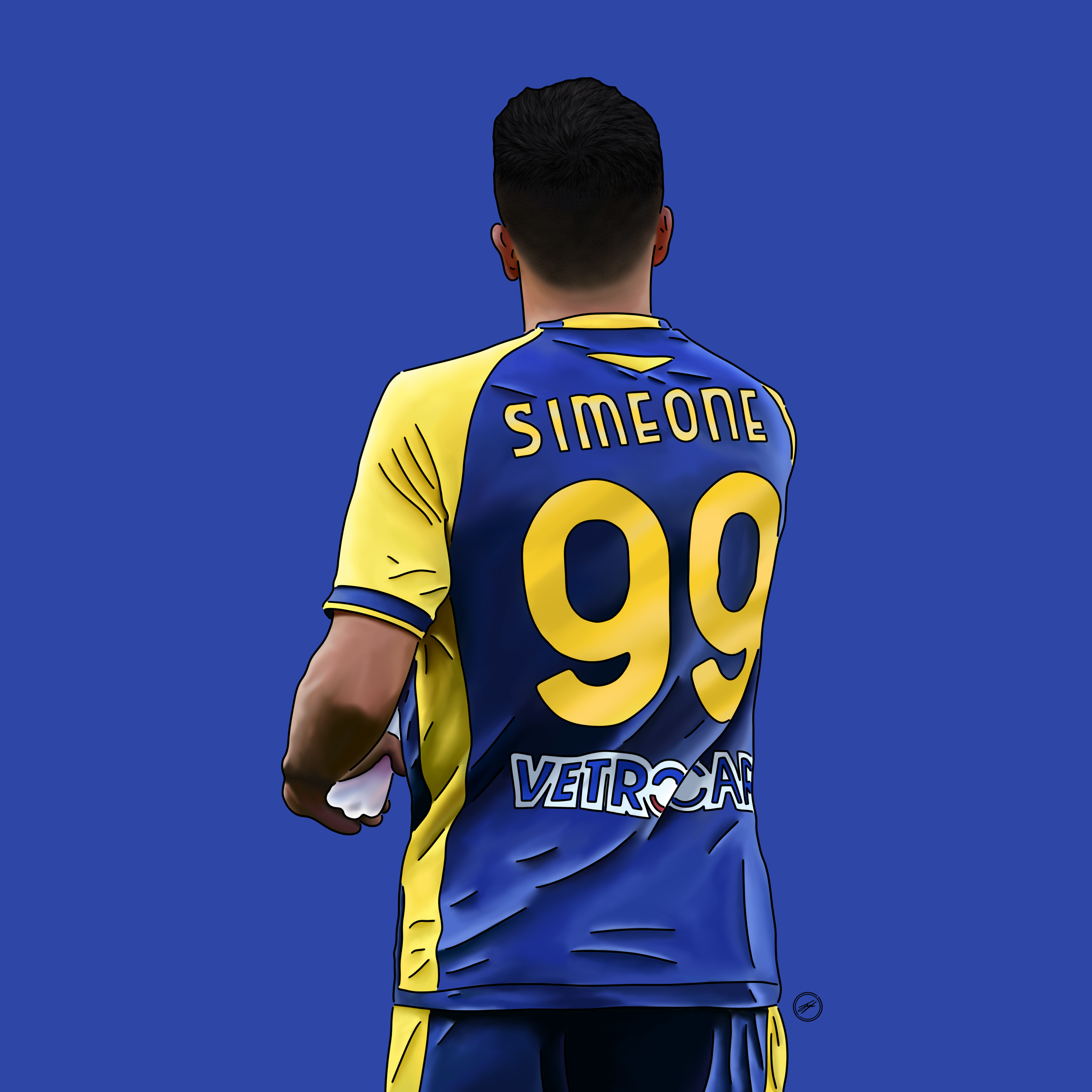 An animated image of a soccer player wearing a blue and yellow jersey with the name 'SIMEONE' and the number '99' on the back, against a blue background.