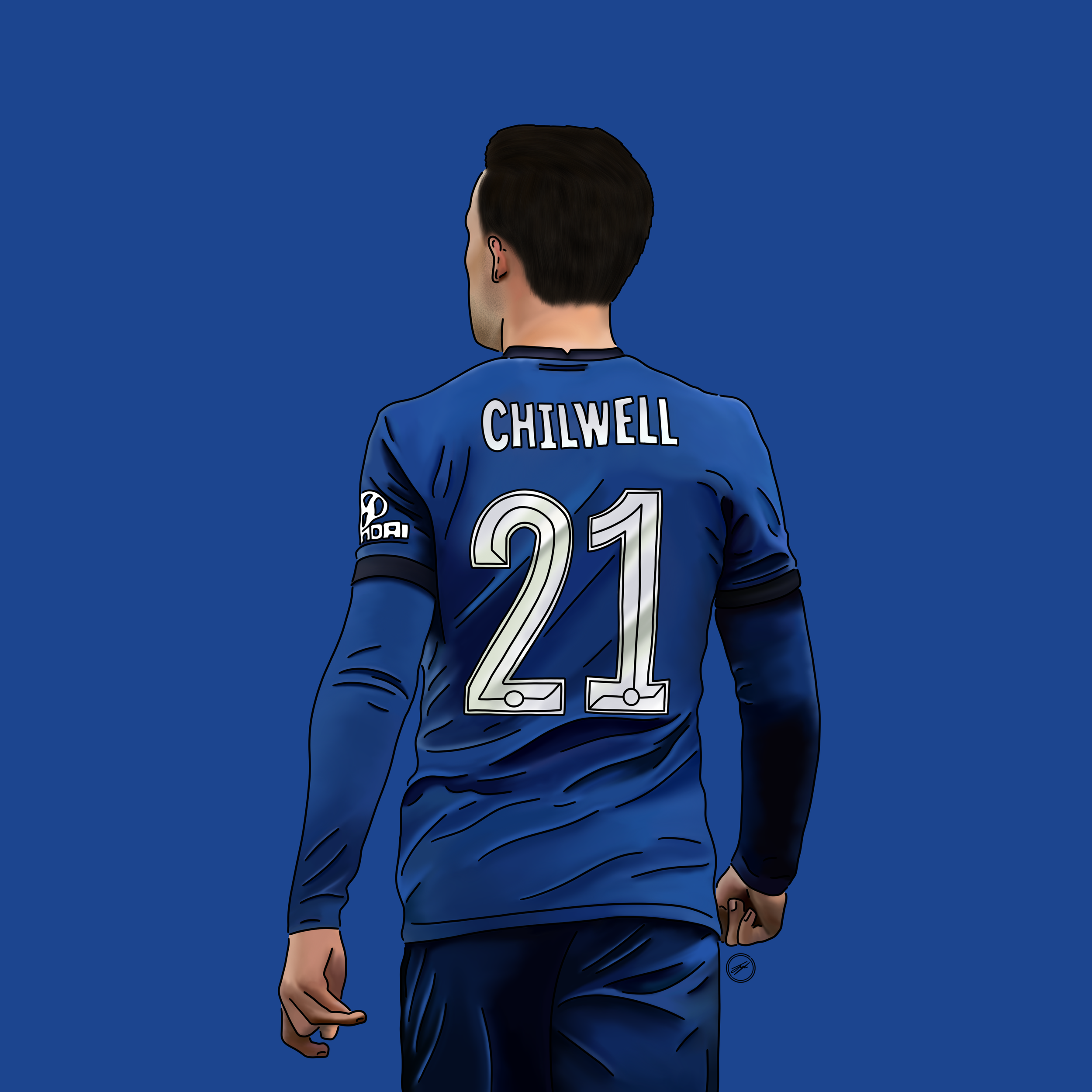 Digital illustration of a man wearing a blue soccer jersey with the name 'Chilwell' and the number '21' on the back, standing against a blue background.