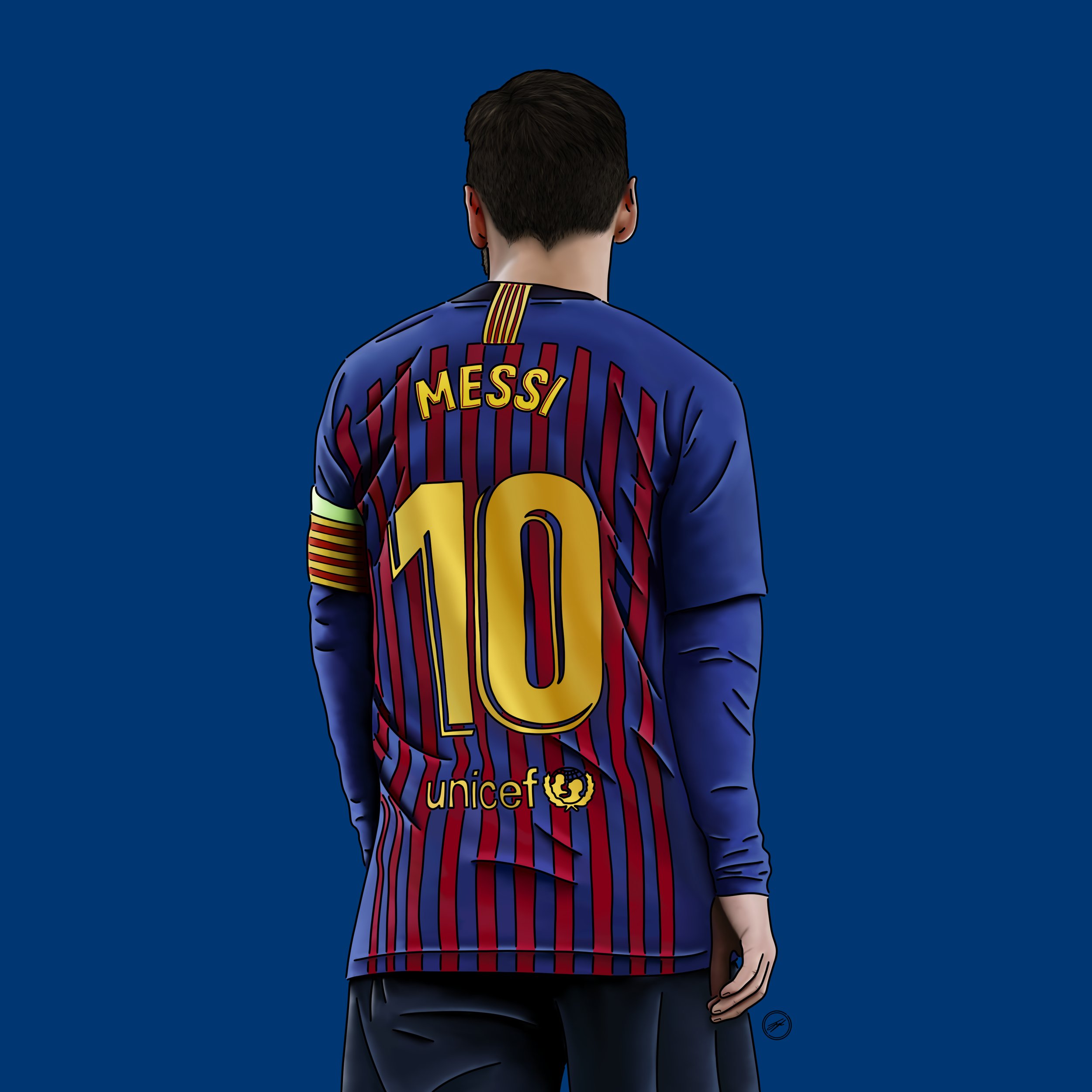 Digital illustration of a man seen from the back, wearing a FC Barcelona jersey with the name 'Messi' and the number 10, against a solid dark blue background.