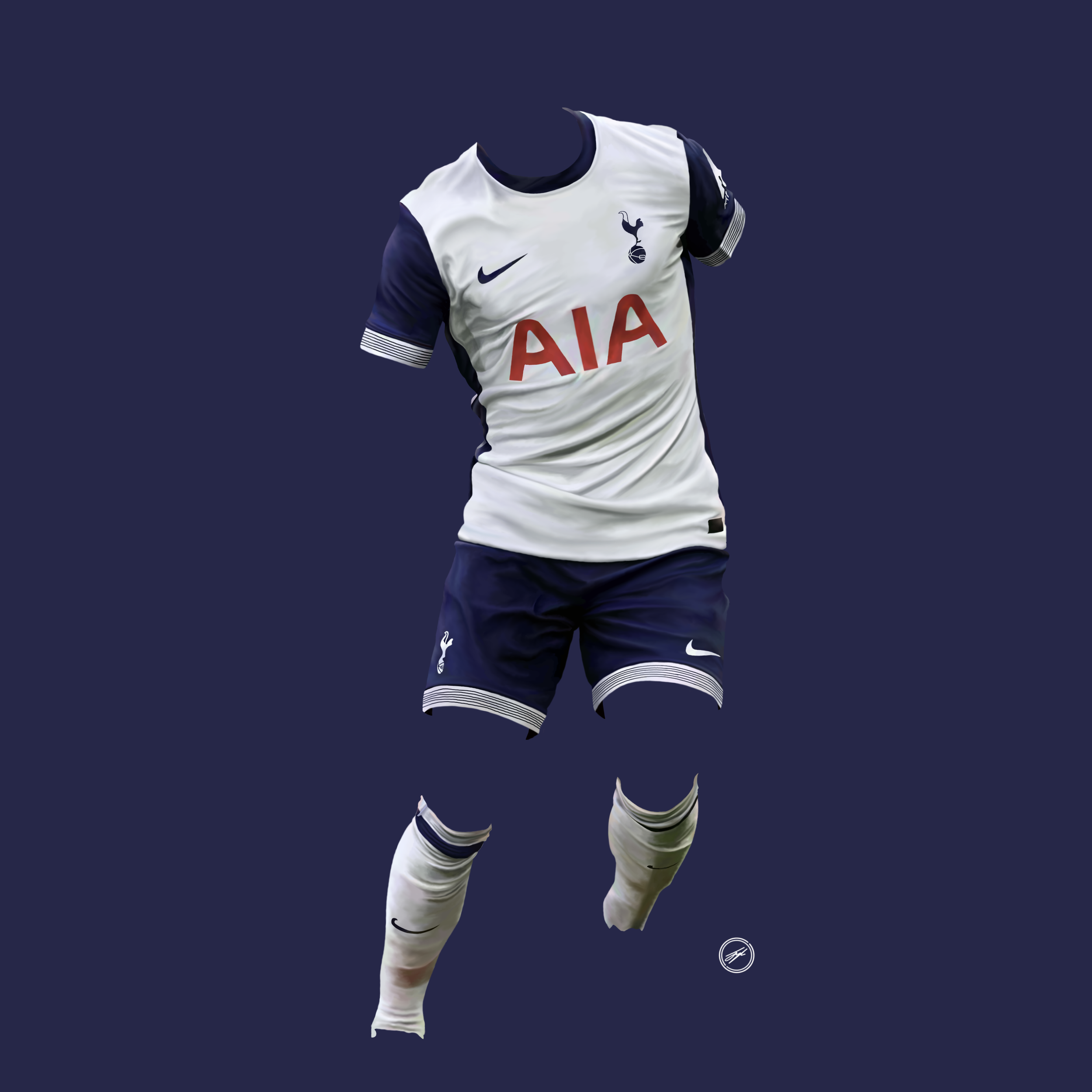 Image of a Tottenham Hotspur soccer jersey, number not visible, with white and navy blue colors, featuring the AIA sponsor logo, Nike logo, and Tottenham Hotspur logo on the chest, displayed against a dark background.
